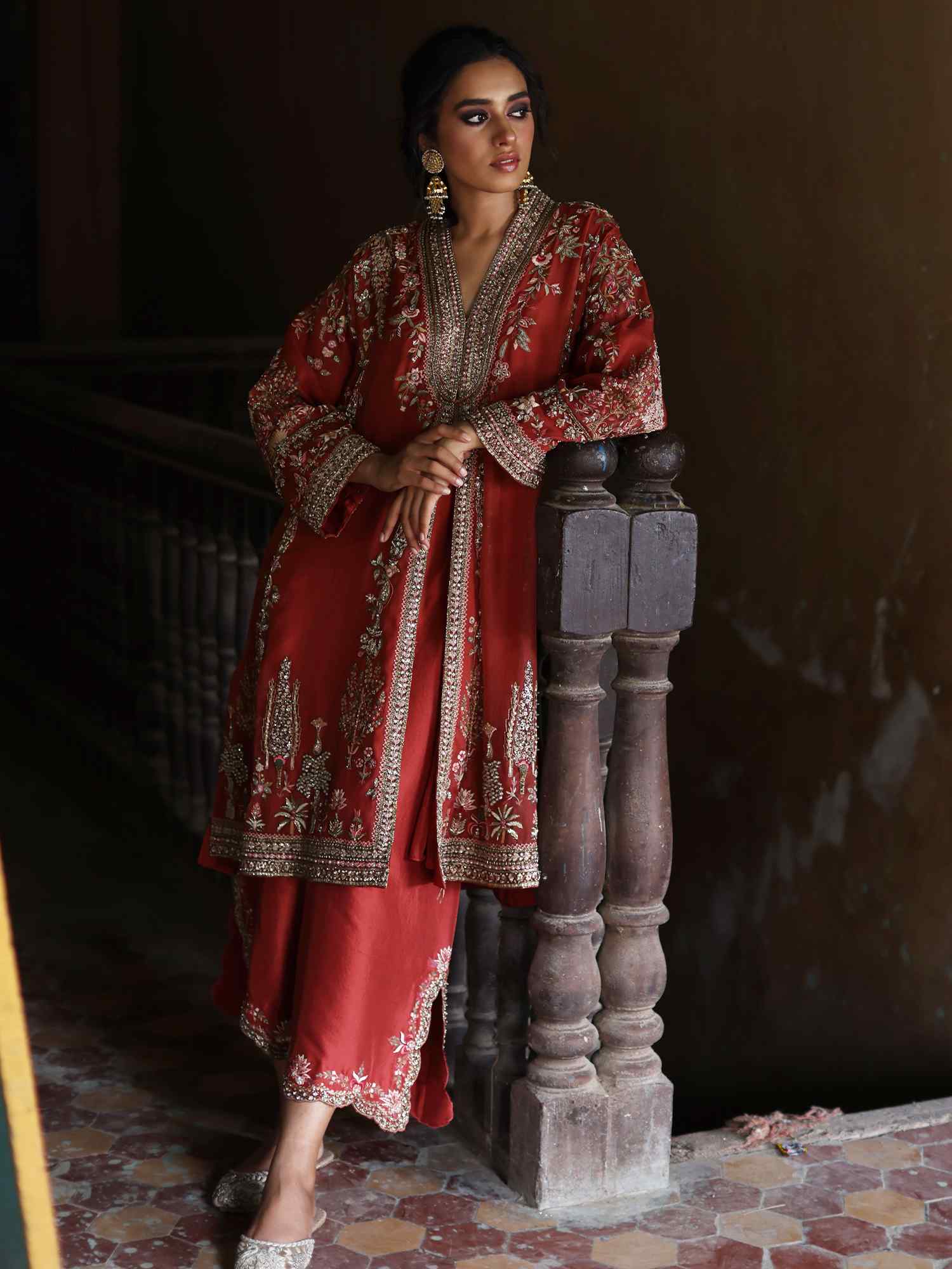 Marsala Zardozi Organza & Raw Silk Kurta (2-Piece) - Image 1