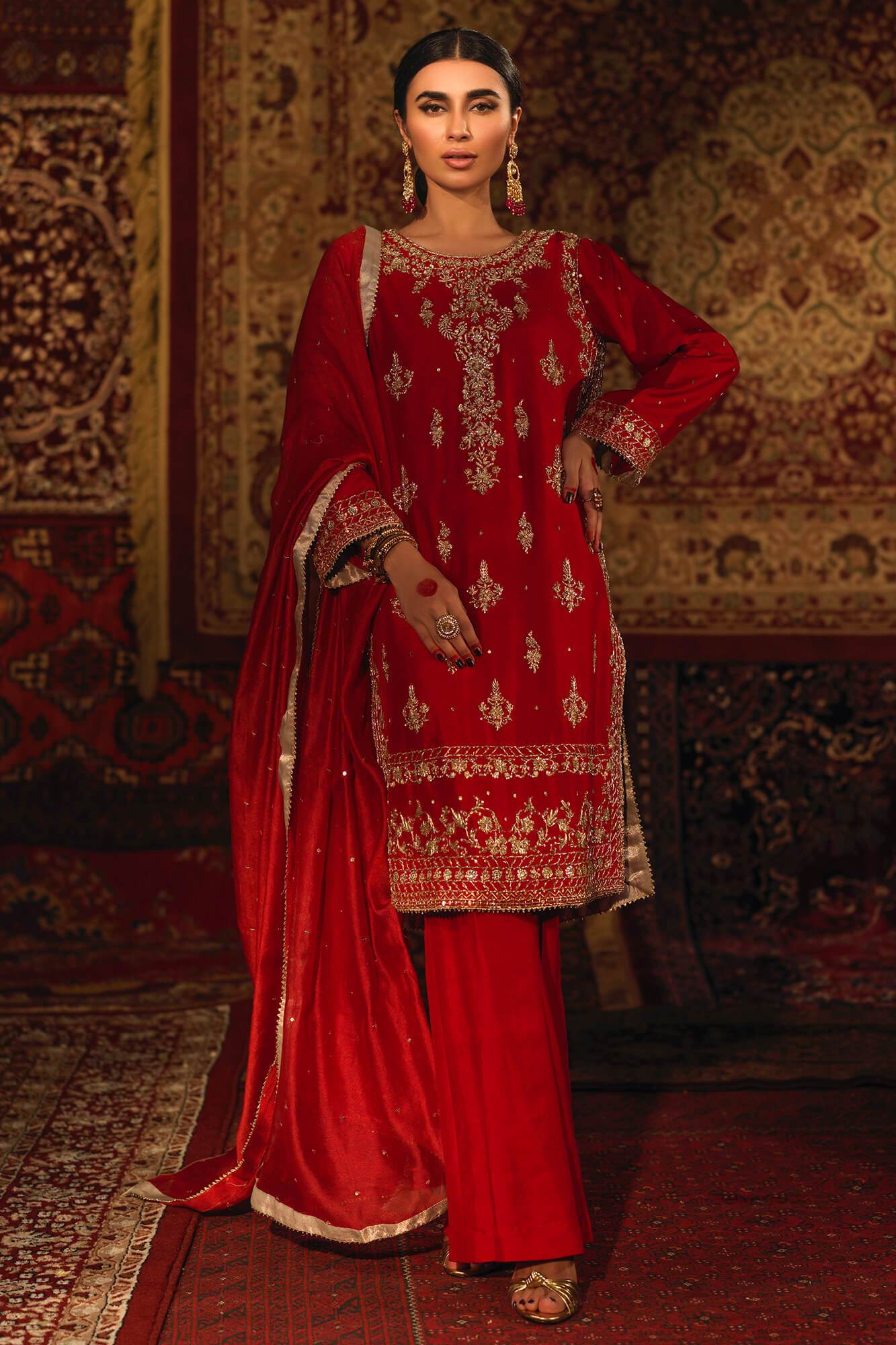 Ruby Red Hand-Embellished PK Raw Silk Salwar Kameez (3-Piece) - Image 2