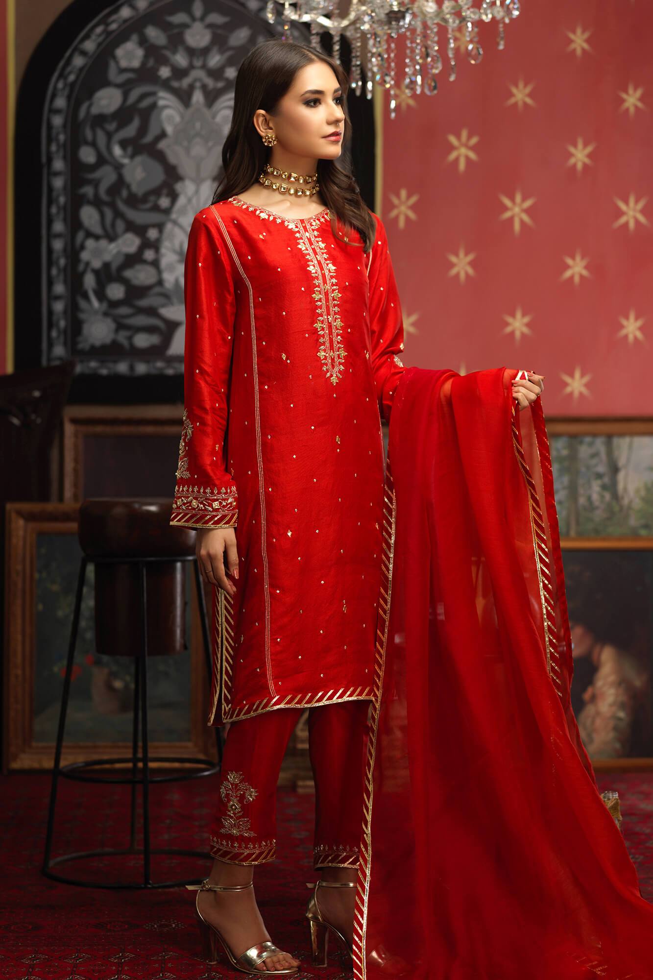 Pakistani Terracotta Embroidered PK Raw Silk Salwar Kameez (3-Piece) - Image 1