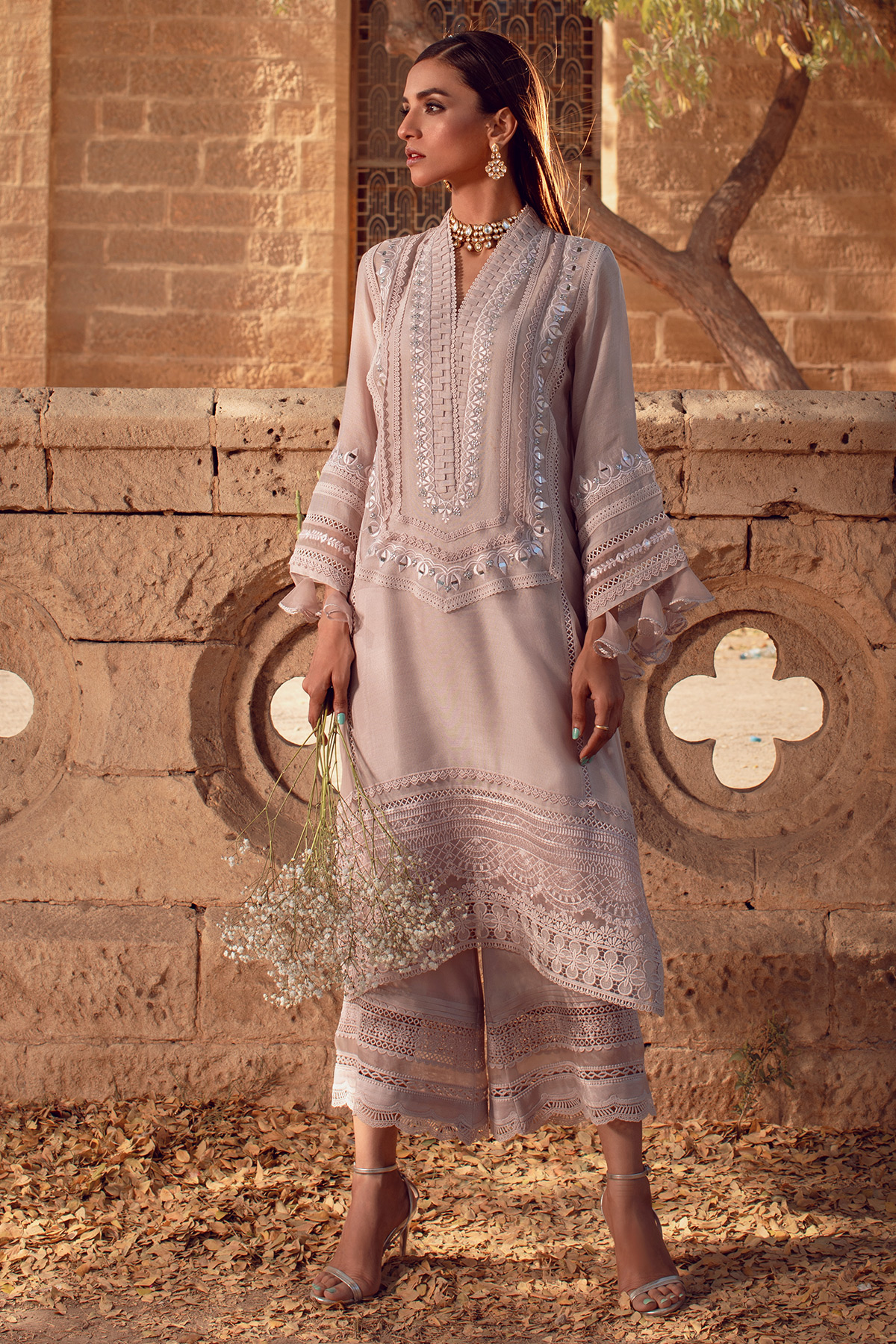 Pakistani Rouge Embroidered Silk Net Salwar Kameez (3-Piece) - Image 1