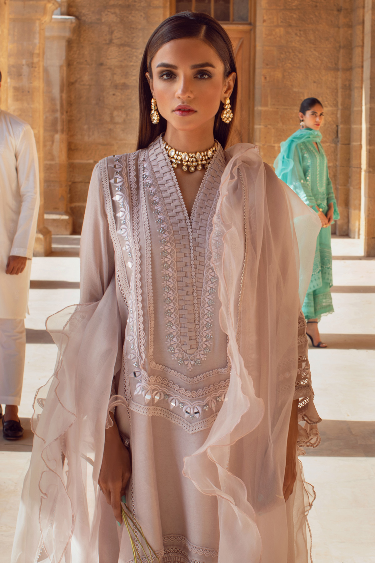 Pakistani Rouge Embroidered Silk Net Salwar Kameez (3-Piece) - Image 11