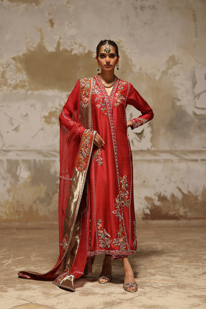 Red Aari & Zardozi Raw Silk Chogha (3-Piece) - Image 1