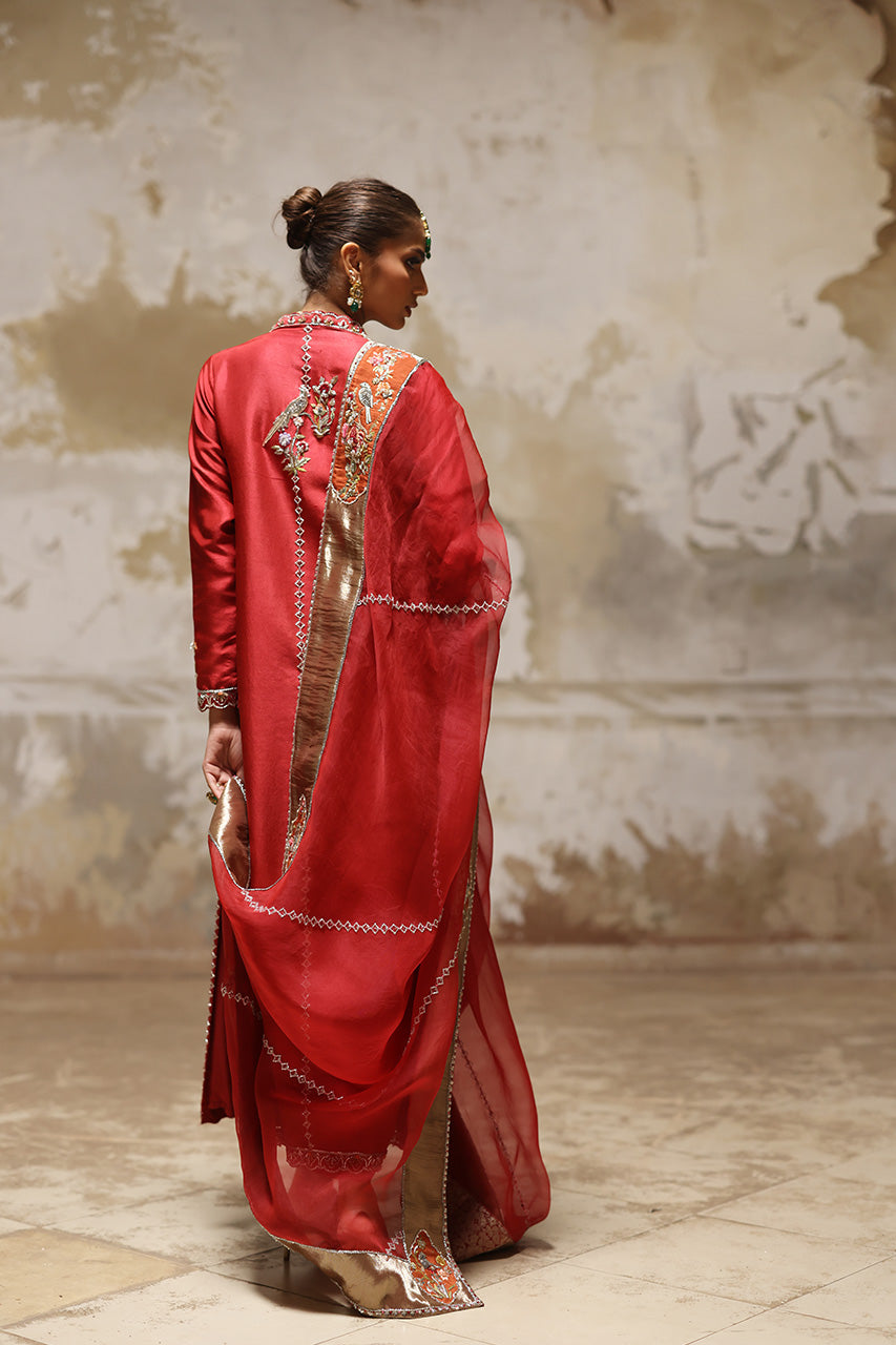 Red Aari & Zardozi Raw Silk Chogha (3-Piece) - Image 2