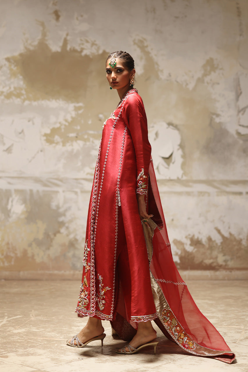 Red Aari & Zardozi Raw Silk Chogha (3-Piece) - Image 3