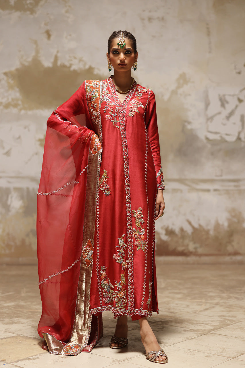 Red Aari & Zardozi Raw Silk Chogha (3-Piece) - Image 4