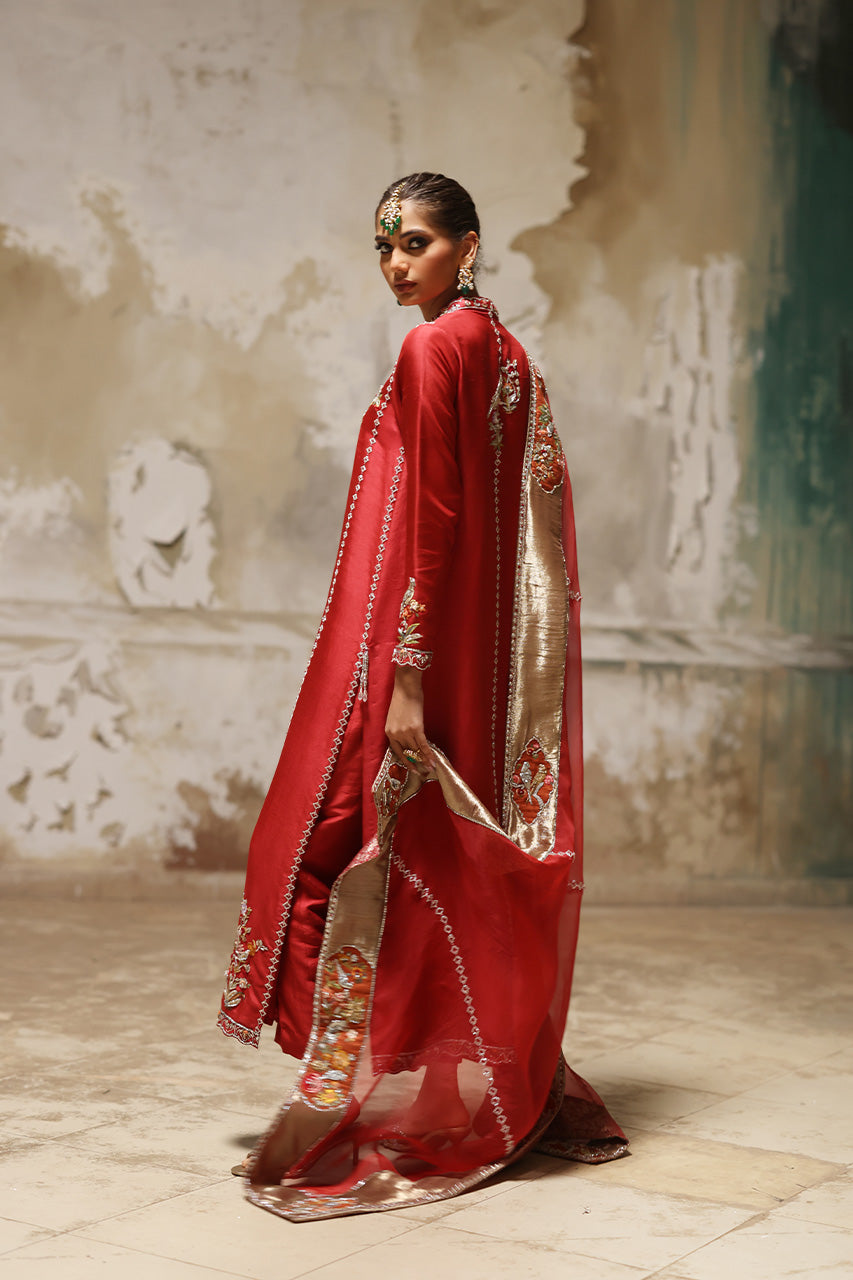 Red Aari & Zardozi Raw Silk Chogha (3-Piece) - Image 5