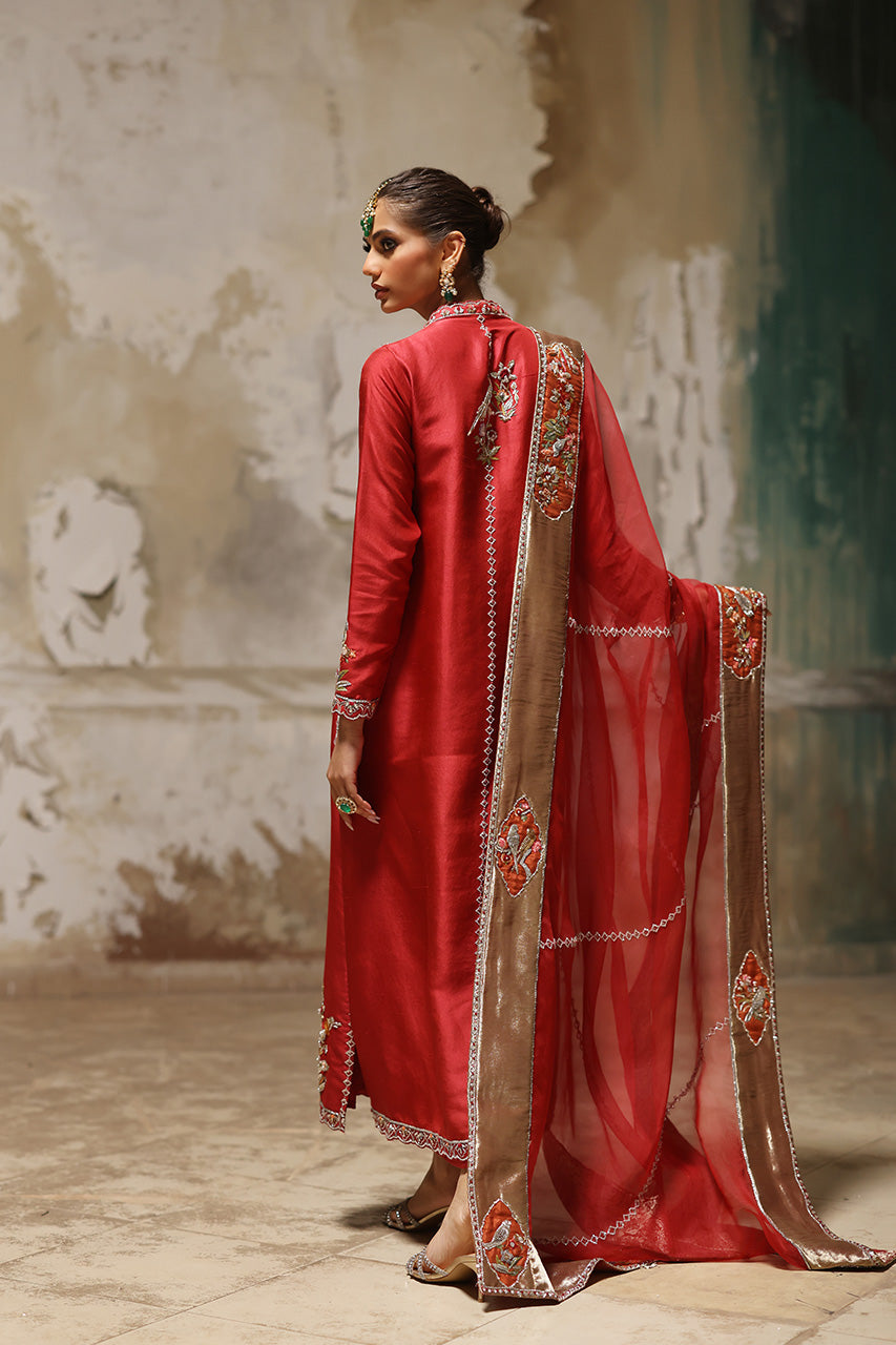 Red Aari & Zardozi Raw Silk Chogha (3-Piece) - Image 6