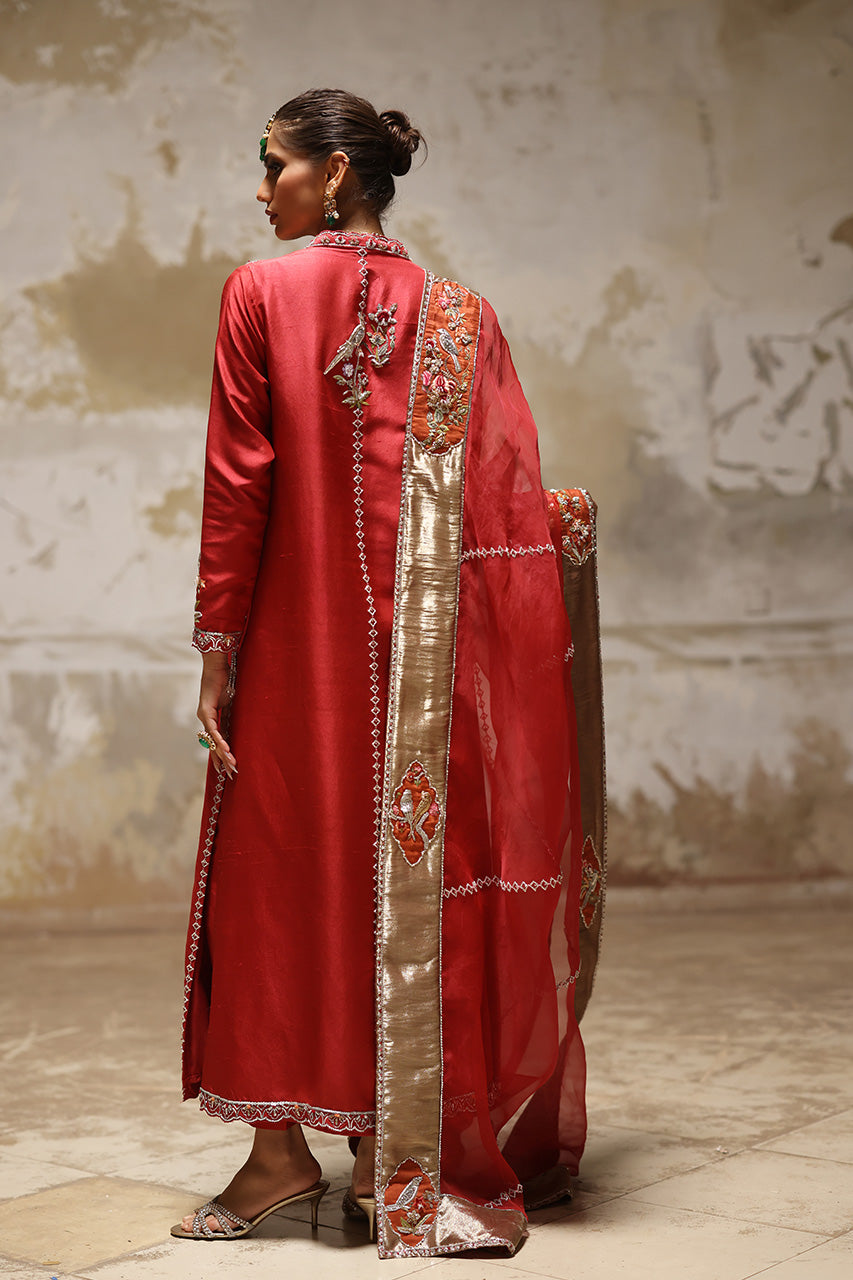 Red Aari & Zardozi Raw Silk Chogha (3-Piece) - Image 7