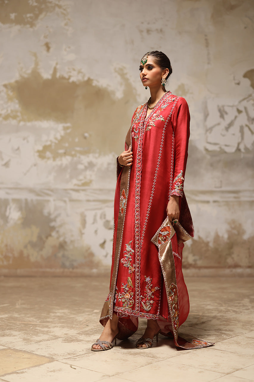 Red Aari & Zardozi Raw Silk Chogha (3-Piece) - Image 8