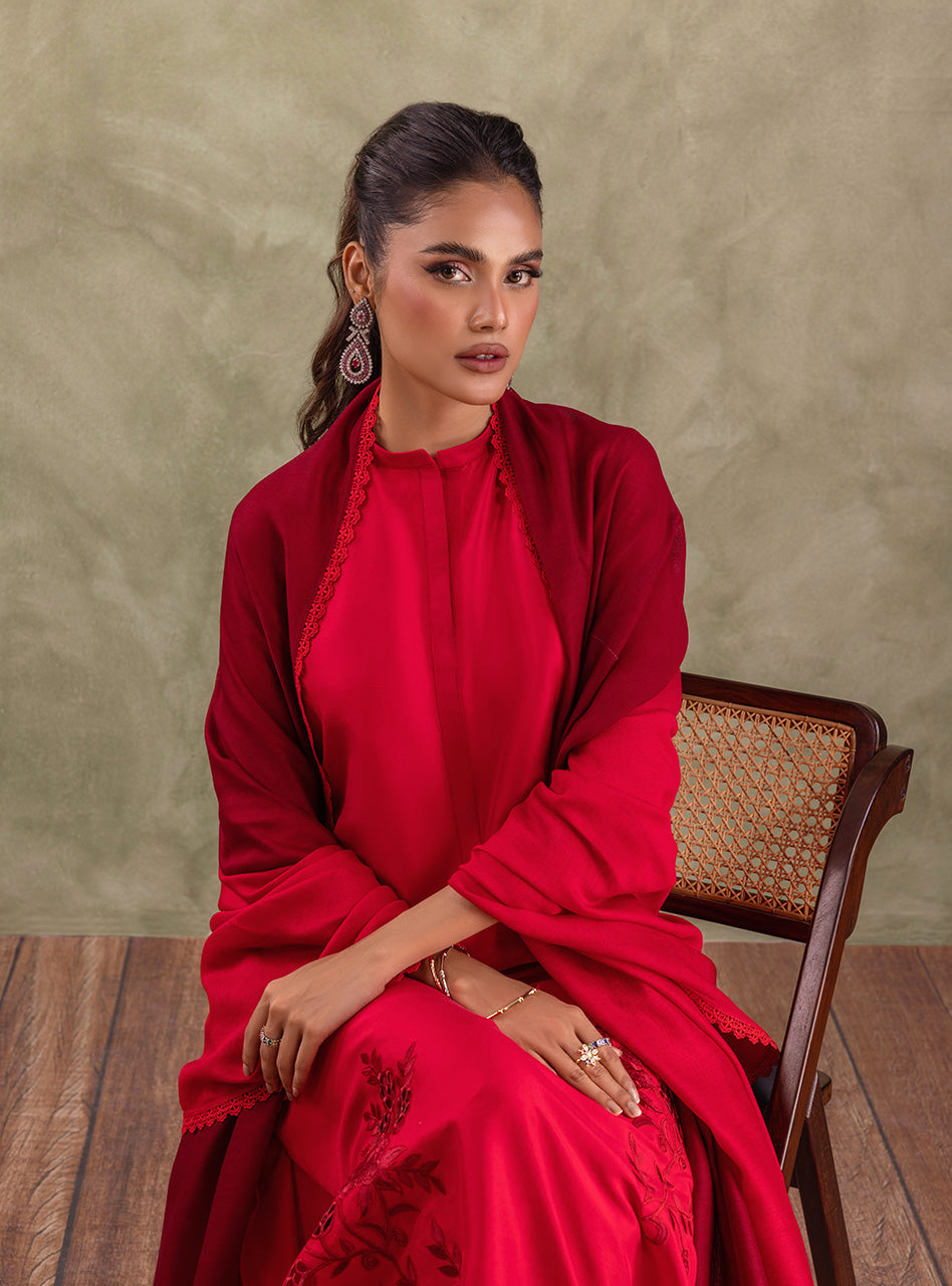 Pakistani Scarlet Red Cutwork Raw Silk Salwar Kameez (3-Piece) - Image 11