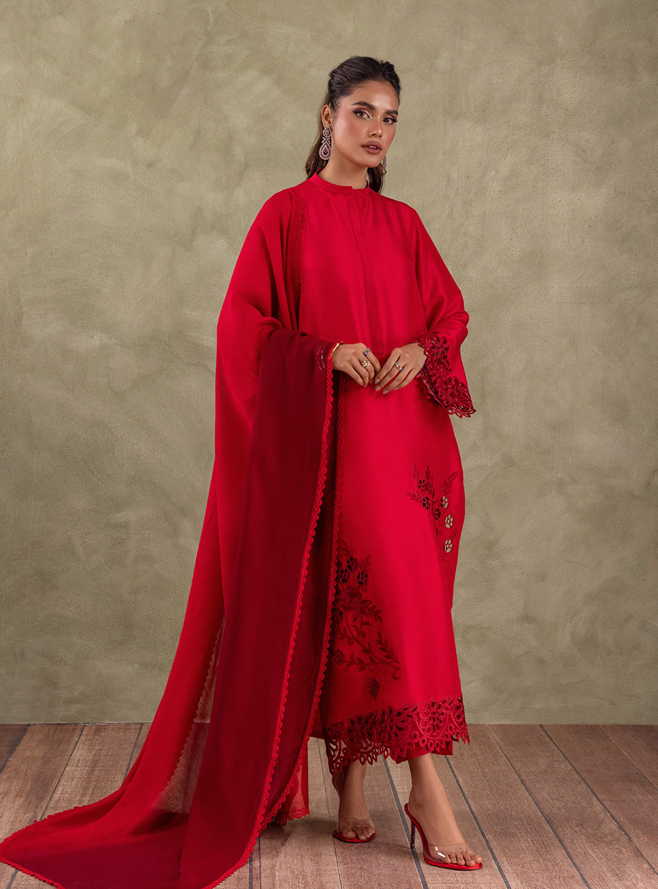 Pakistani Scarlet Red Cutwork Raw Silk Salwar Kameez (3-Piece) - Image 3