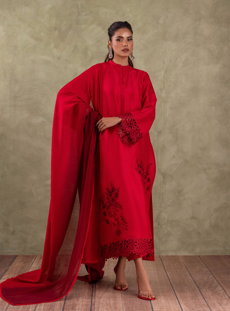 Pakistani Scarlet Red Cutwork Raw Silk Salwar Kameez (3-Piece) - Image 8