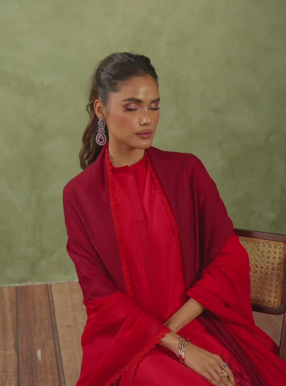 Pakistani Scarlet Red Cutwork Raw Silk Salwar Kameez (3-Piece) - Image 9