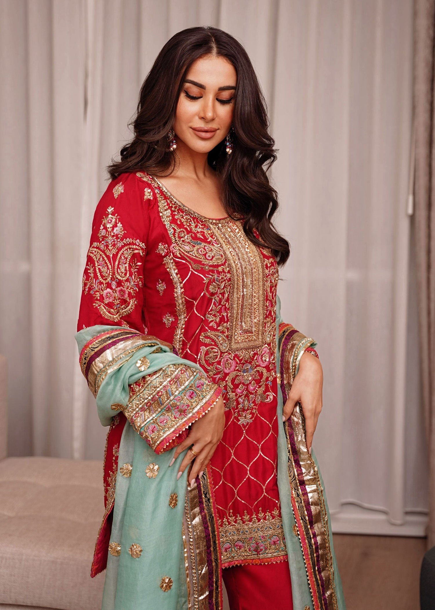 Red Embroidered Raw Silk Salwar Kameez (3-Piece) - Image 2