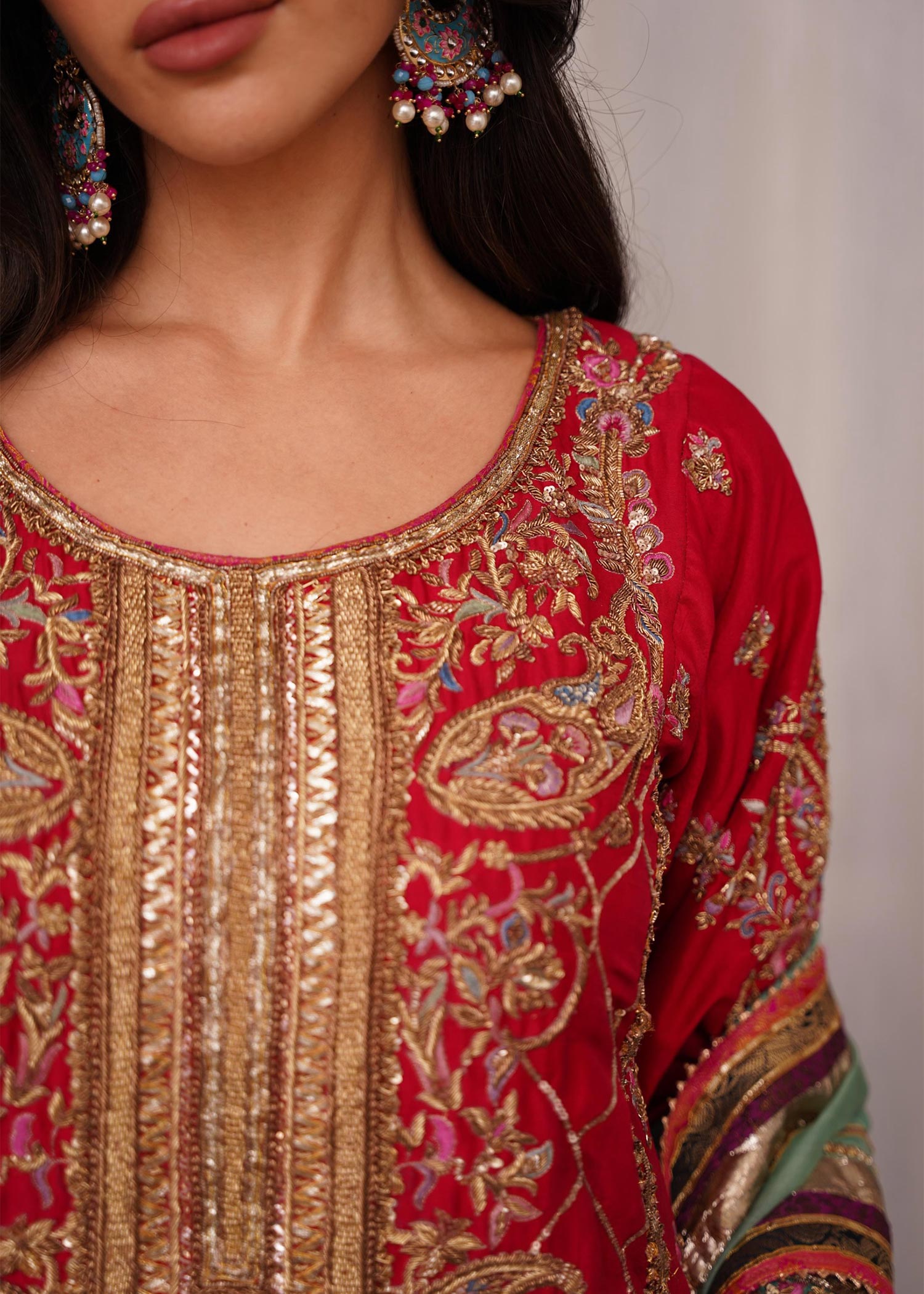 Red Embroidered Raw Silk Salwar Kameez (3-Piece) - Image 4