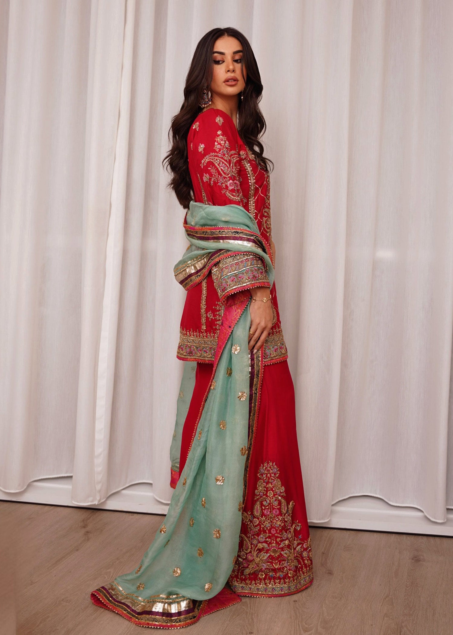 Red Embroidered Raw Silk Salwar Kameez (3-Piece) - Image 5