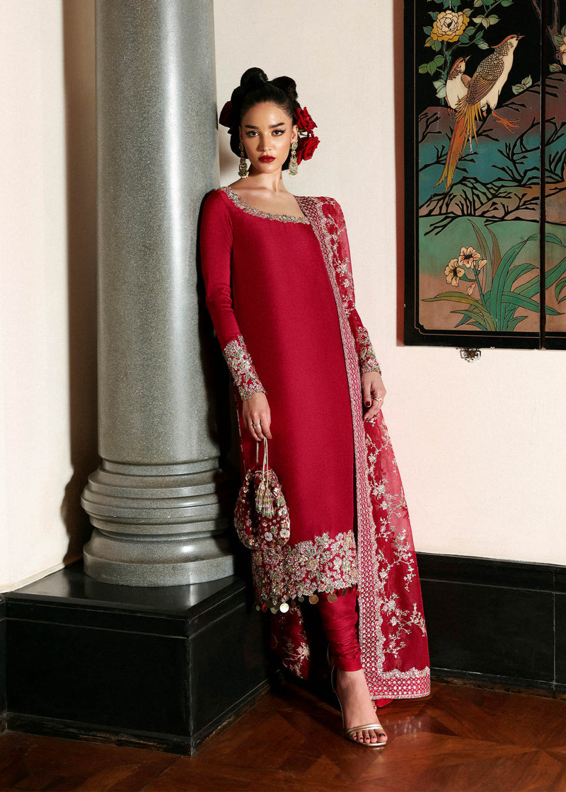 Pakistani Red Embroidered Raw Silk Salwar Kameez (3-Piece) - Image 1
