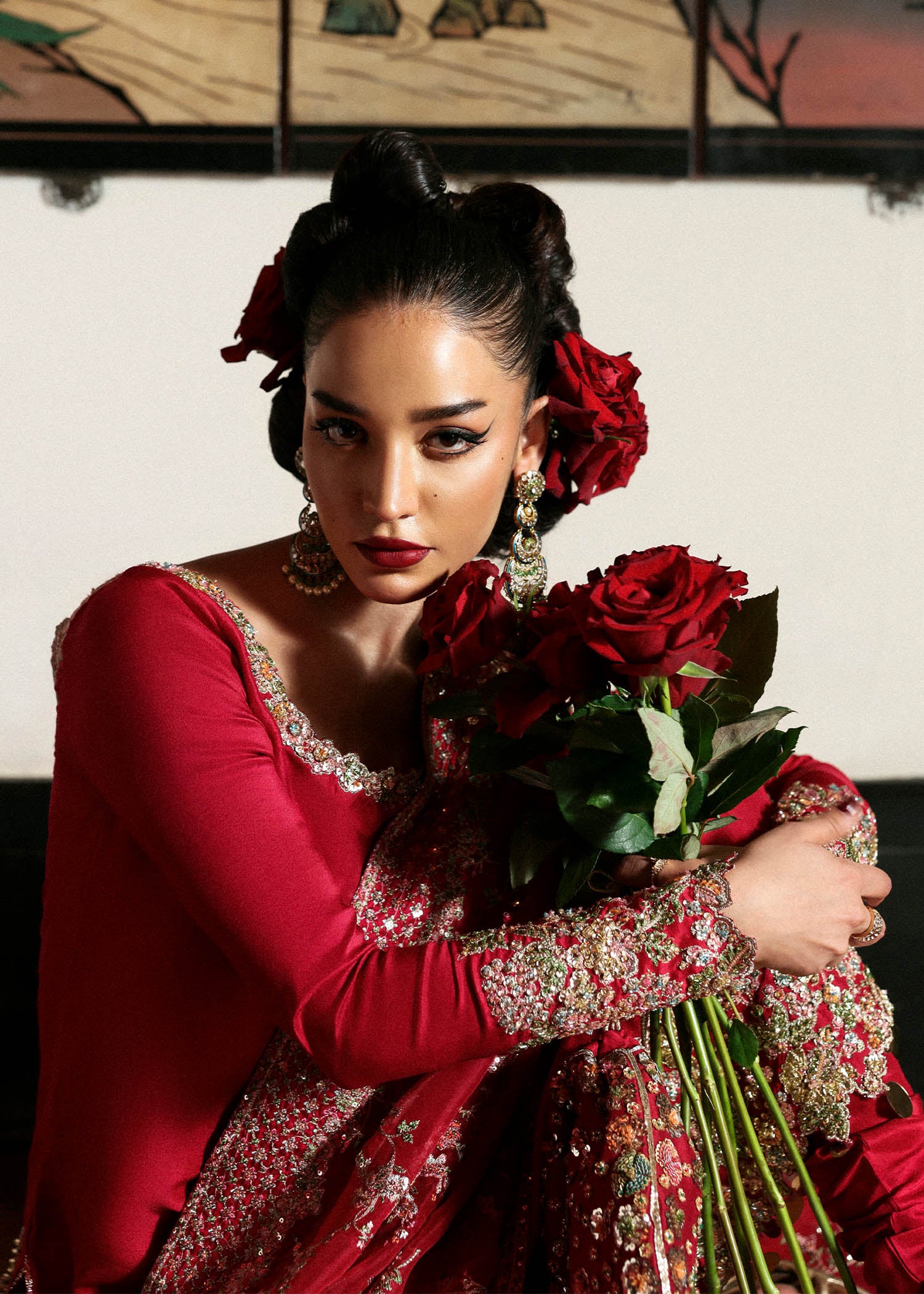 Pakistani Red Embroidered Raw Silk Salwar Kameez (3-Piece) - Image 3