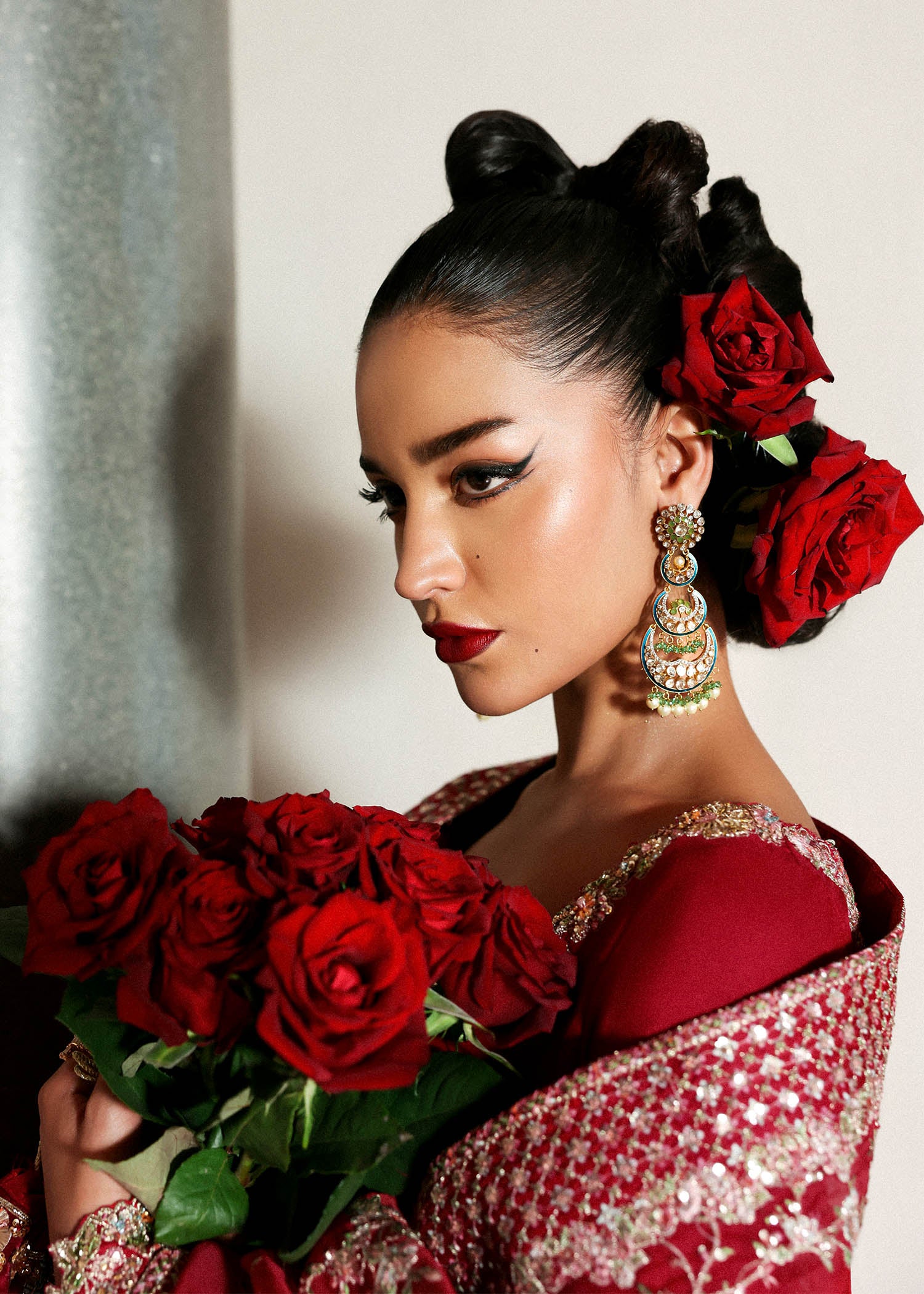 Pakistani Red Embroidered Raw Silk Salwar Kameez (3-Piece) - Image 4