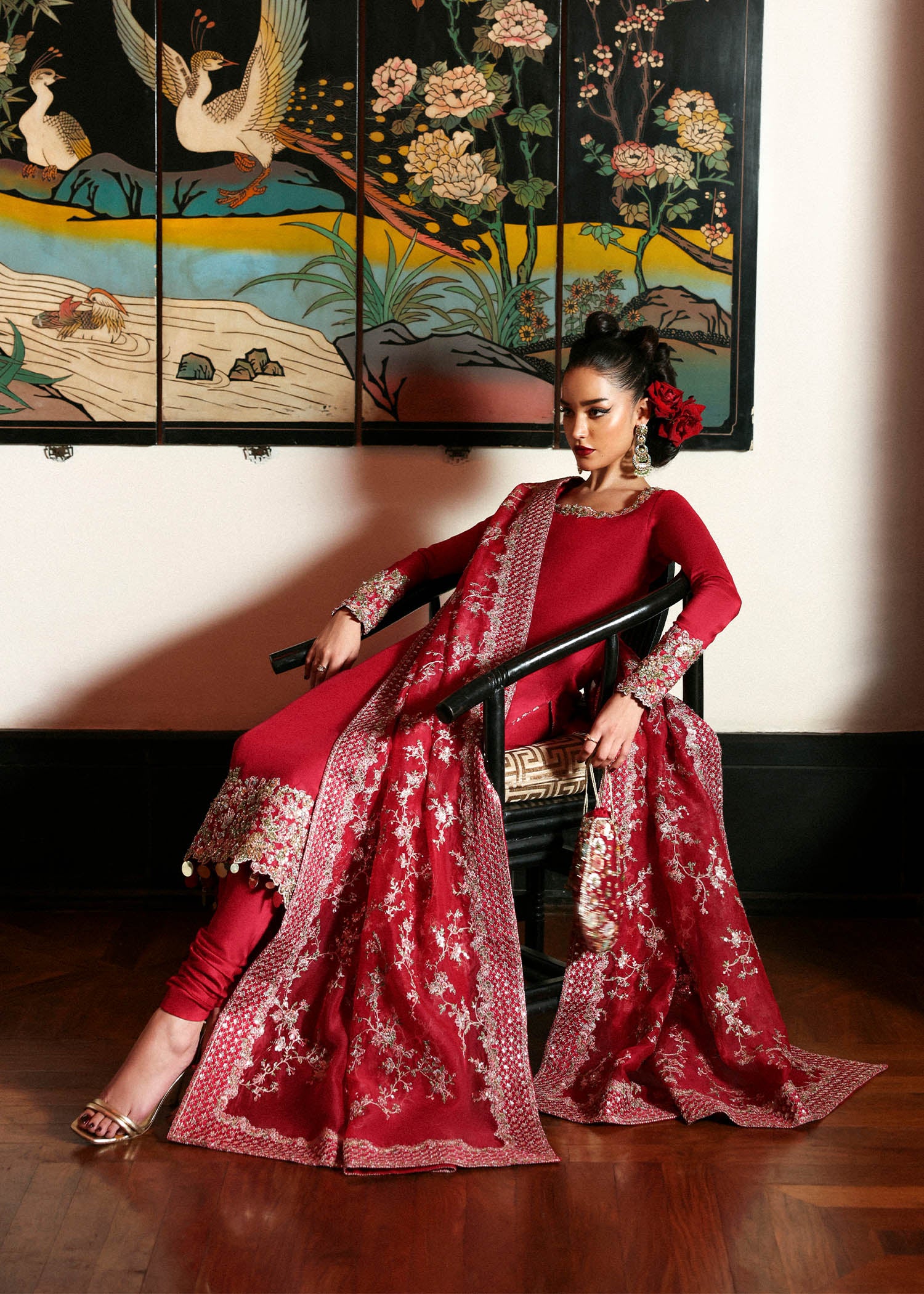 Pakistani Red Embroidered Raw Silk Salwar Kameez (3-Piece) - Image 5