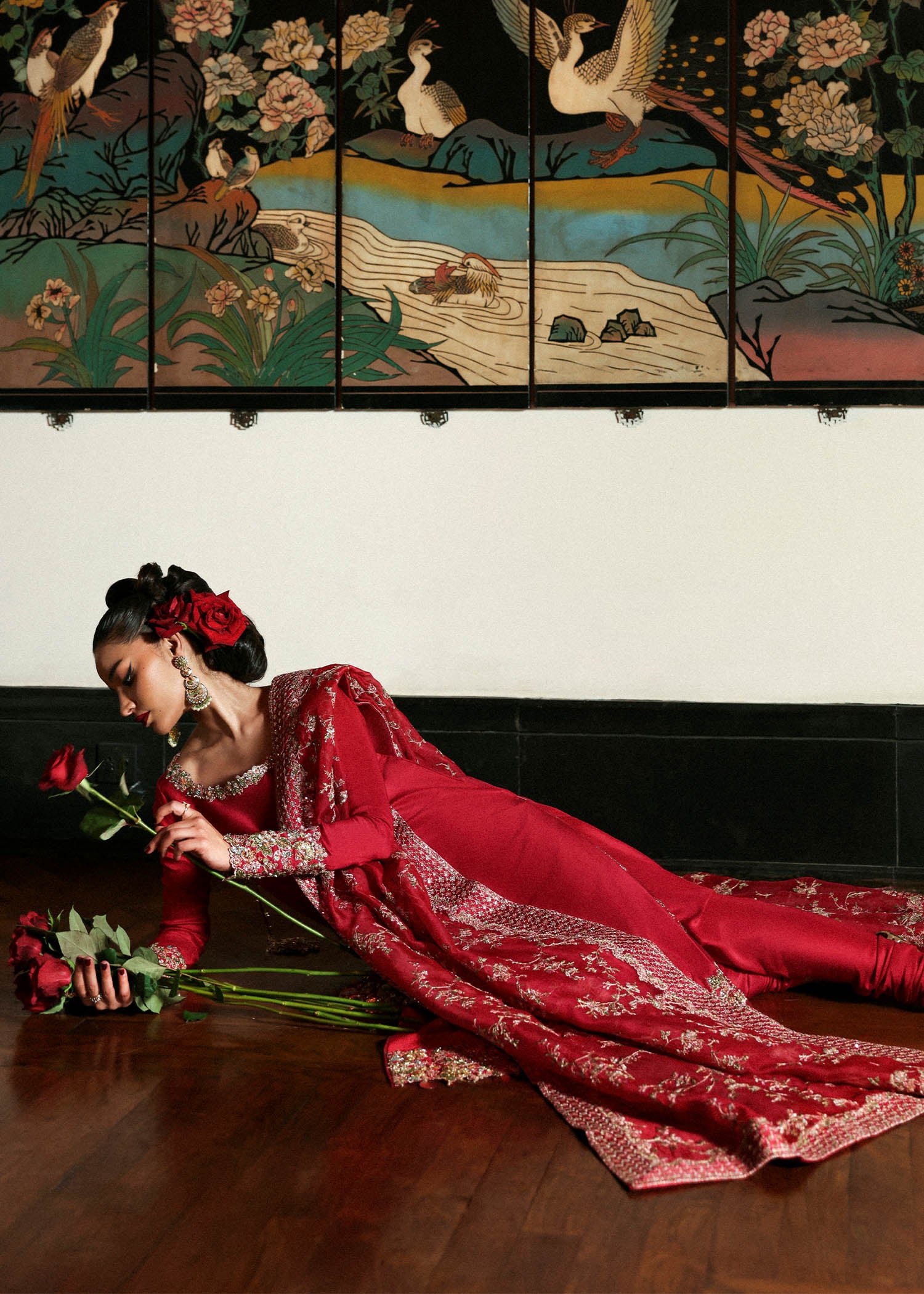 Pakistani Red Embroidered Raw Silk Salwar Kameez (3-Piece) - Image 6