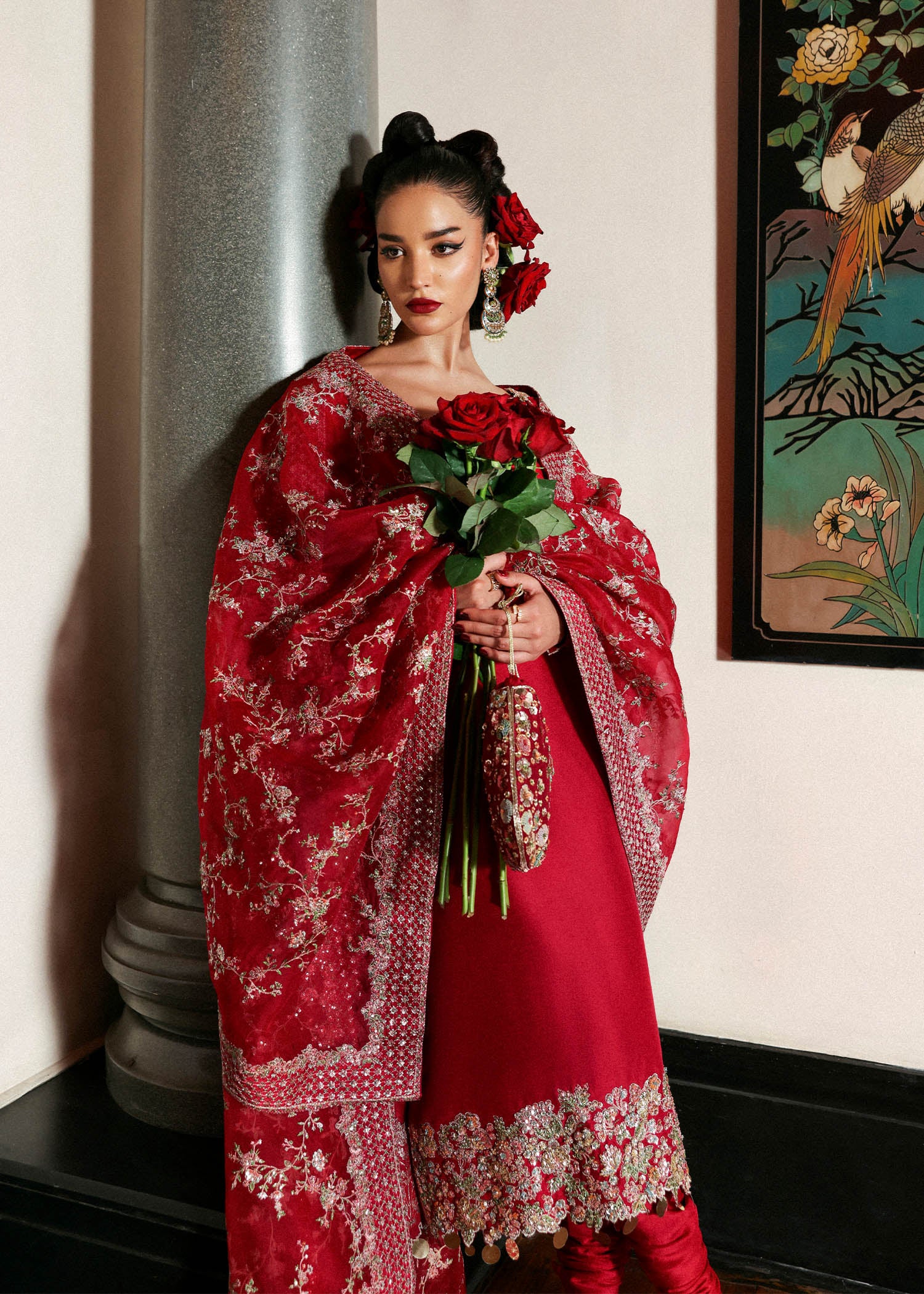 Pakistani Red Embroidered Raw Silk Salwar Kameez (3-Piece) - Image 8