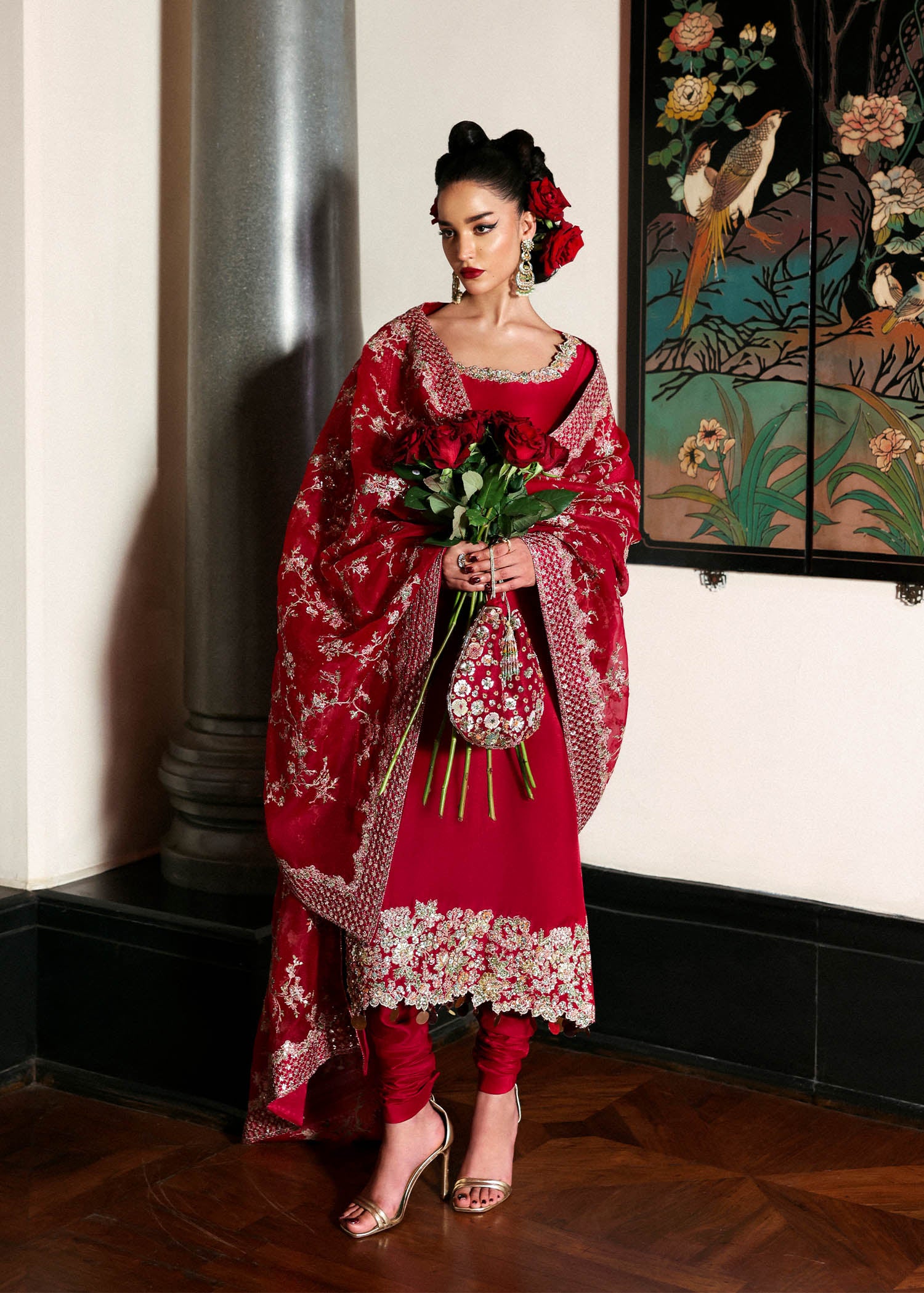 Pakistani Red Embroidered Raw Silk Salwar Kameez (3-Piece) - Image 9