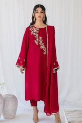 Pakistani Deep Red Embroidered Korean Raw Silk Salwar Kameez (3-Piece) - Image 2