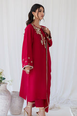 Pakistani Deep Red Embroidered Korean Raw Silk Salwar Kameez (3-Piece) - Image 3
