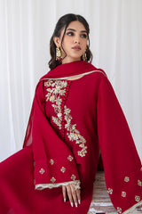 Pakistani Deep Red Embroidered Korean Raw Silk Salwar Kameez (3-Piece) - Image 4