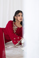Pakistani Deep Red Embroidered Korean Raw Silk Salwar Kameez (3-Piece) - Image 5