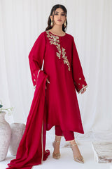 Pakistani Deep Red Embroidered Korean Raw Silk Salwar Kameez (3-Piece) - Image 6