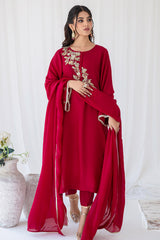 Pakistani Deep Red Embroidered Korean Raw Silk Salwar Kameez (3-Piece) - Image 7