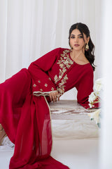 Pakistani Deep Red Embroidered Korean Raw Silk Salwar Kameez (3-Piece) - Image 8