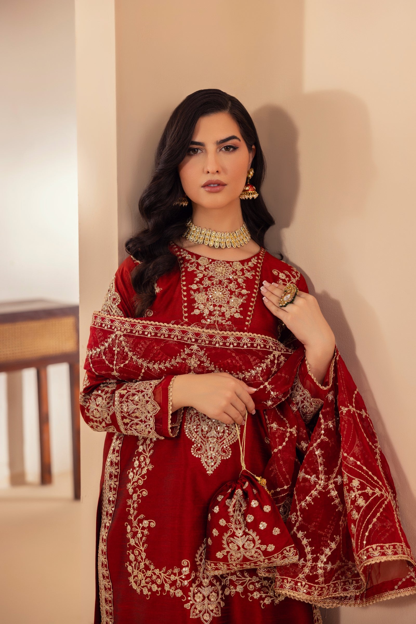 Deep Red Embroidered Raw Silk Salwar Kameez (3-Piece) - Image 10