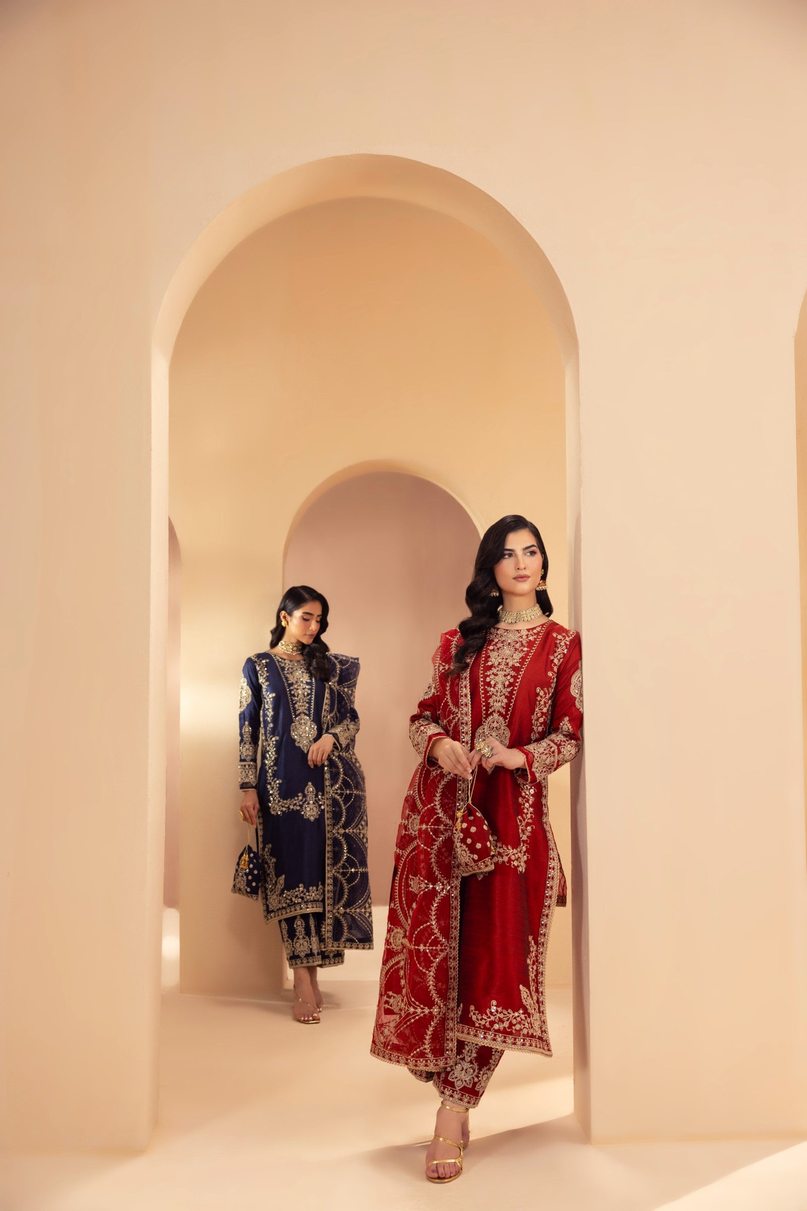 Deep Red Embroidered Raw Silk Salwar Kameez (3-Piece) - Image 11