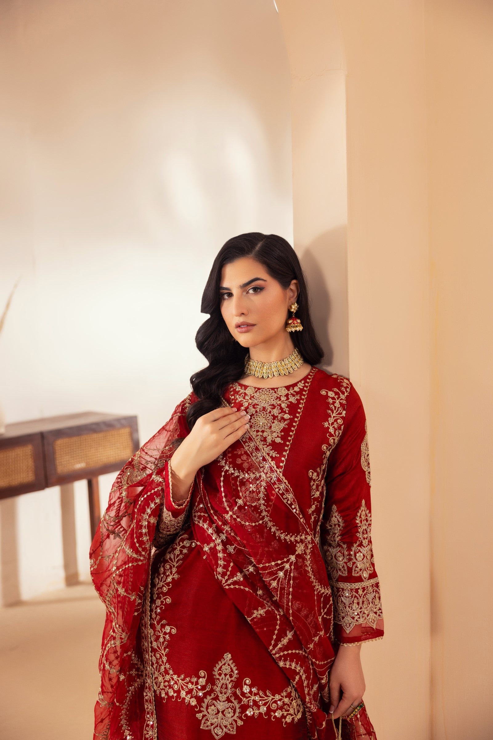 Deep Red Embroidered Raw Silk Salwar Kameez (3-Piece) - Image 12