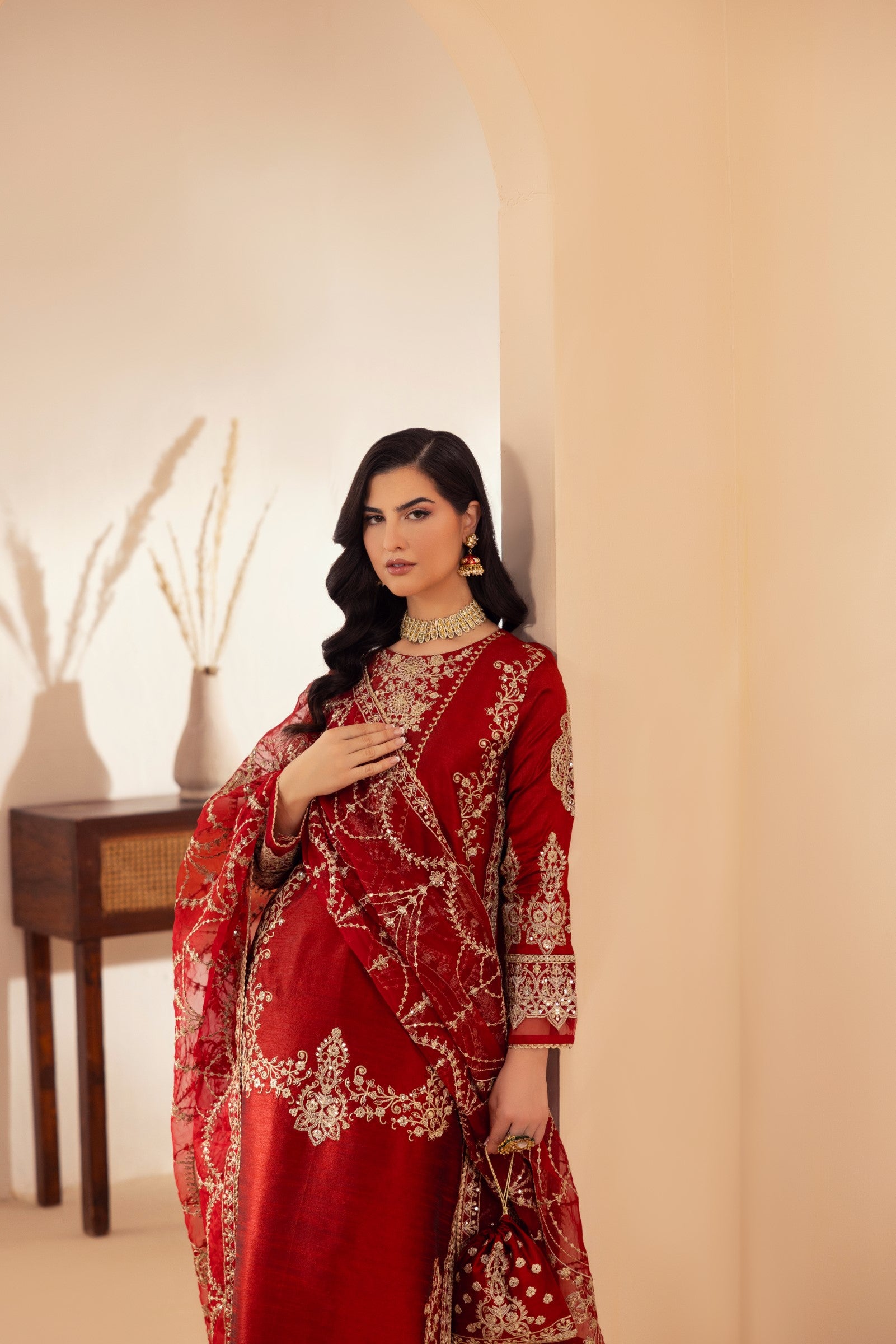 Deep Red Embroidered Raw Silk Salwar Kameez (3-Piece) - Image 15