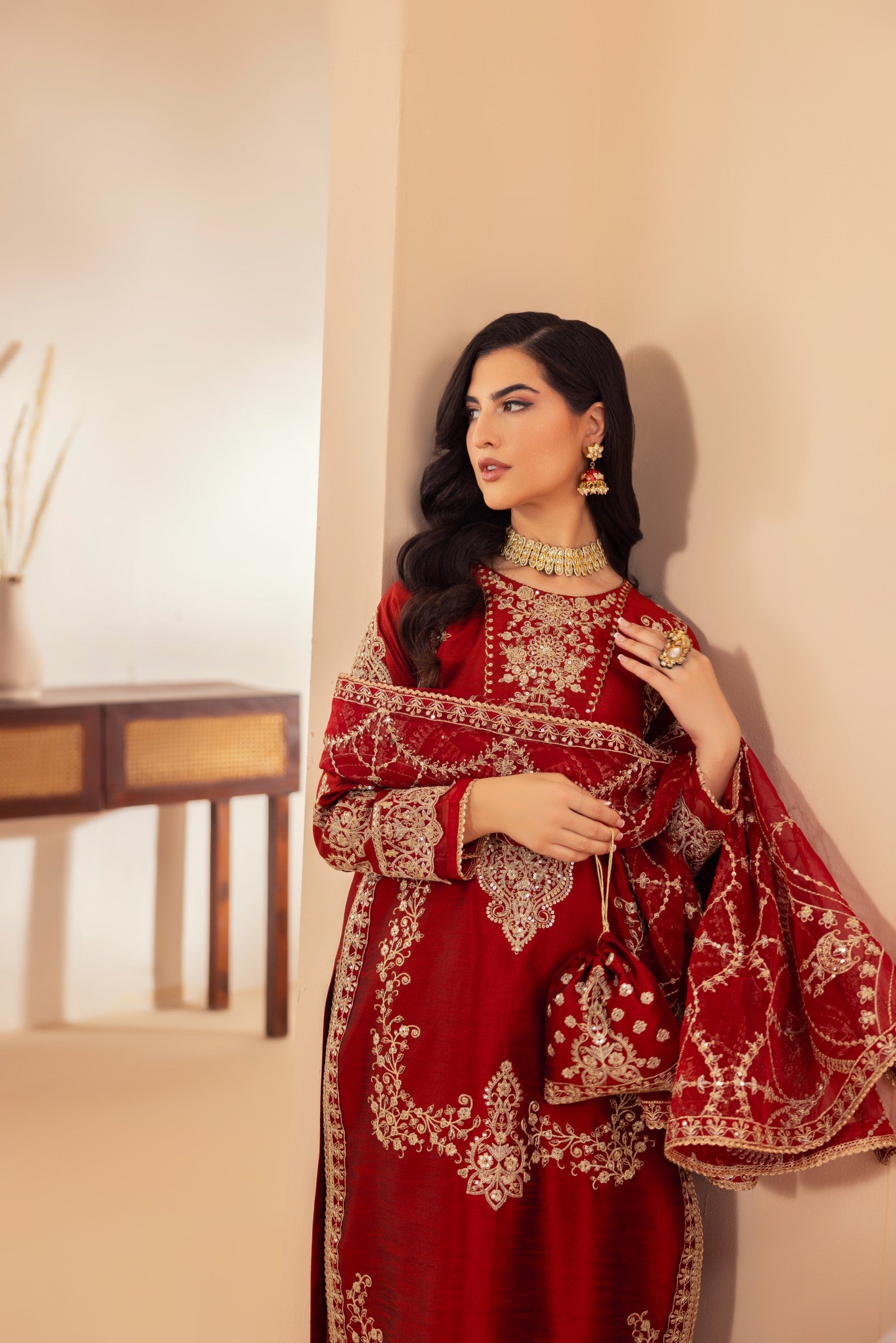 Deep Red Embroidered Raw Silk Salwar Kameez (3-Piece) - Image 16