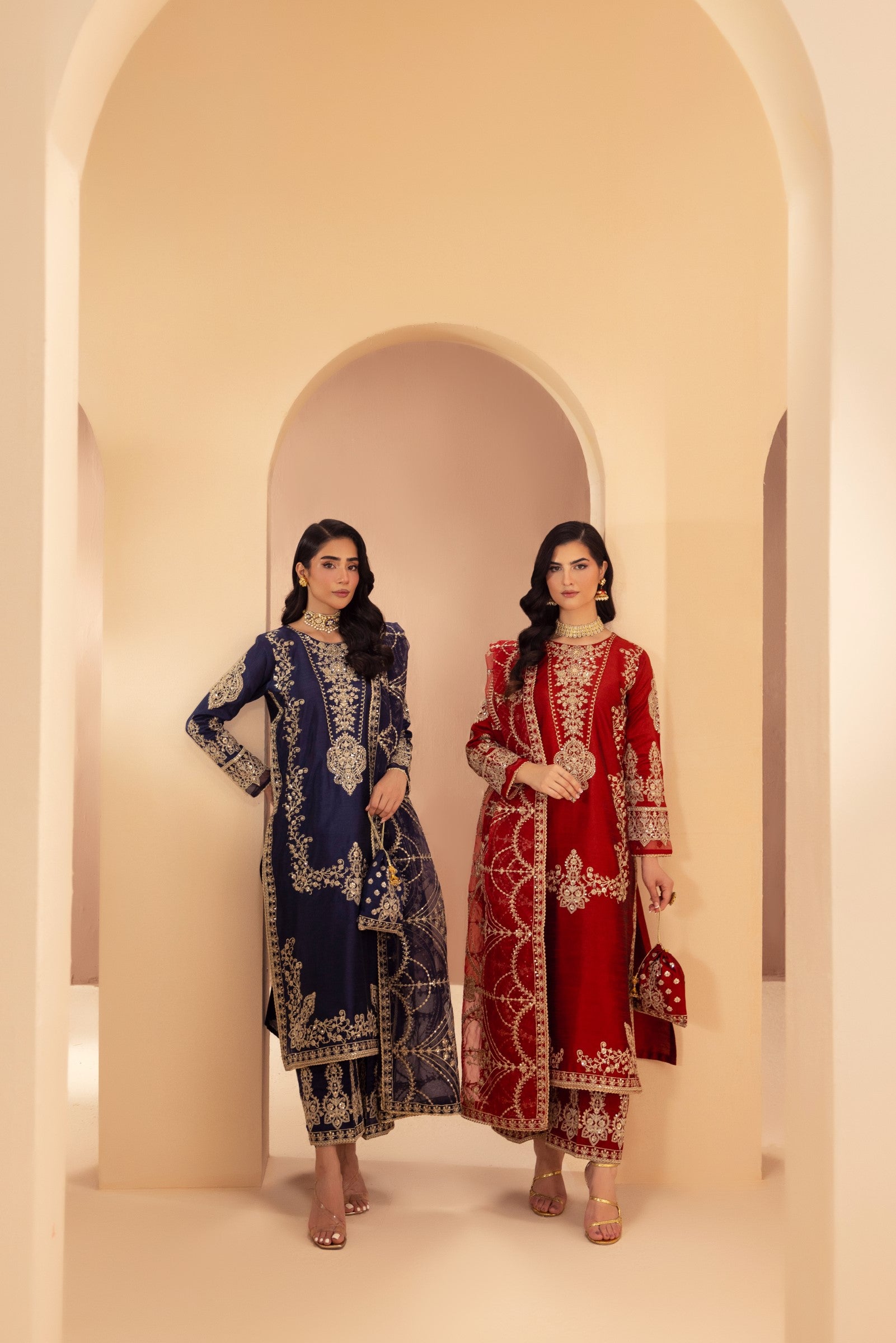 Deep Red Embroidered Raw Silk Salwar Kameez (3-Piece) - Image 17