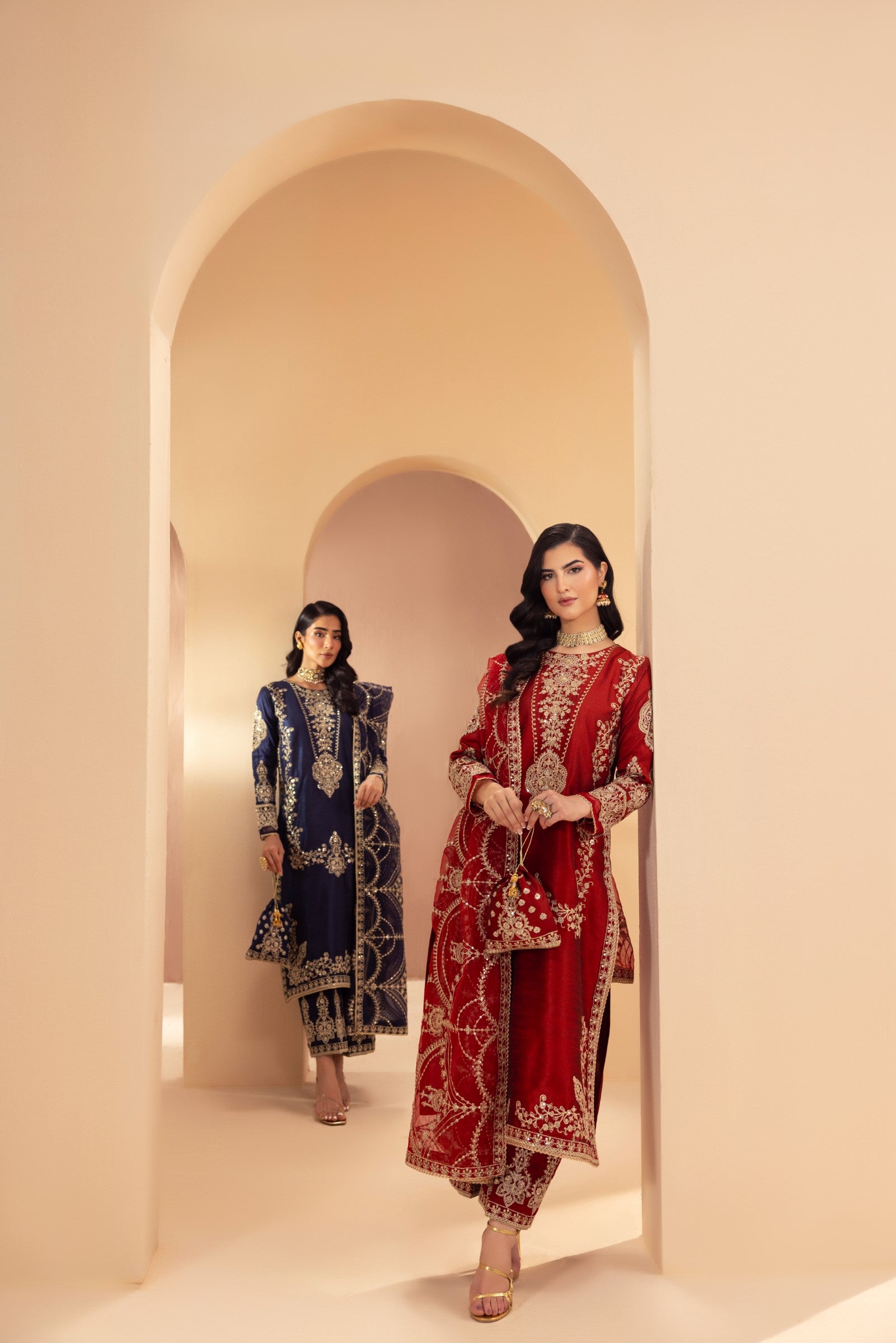 Deep Red Embroidered Raw Silk Salwar Kameez (3-Piece) - Image 18