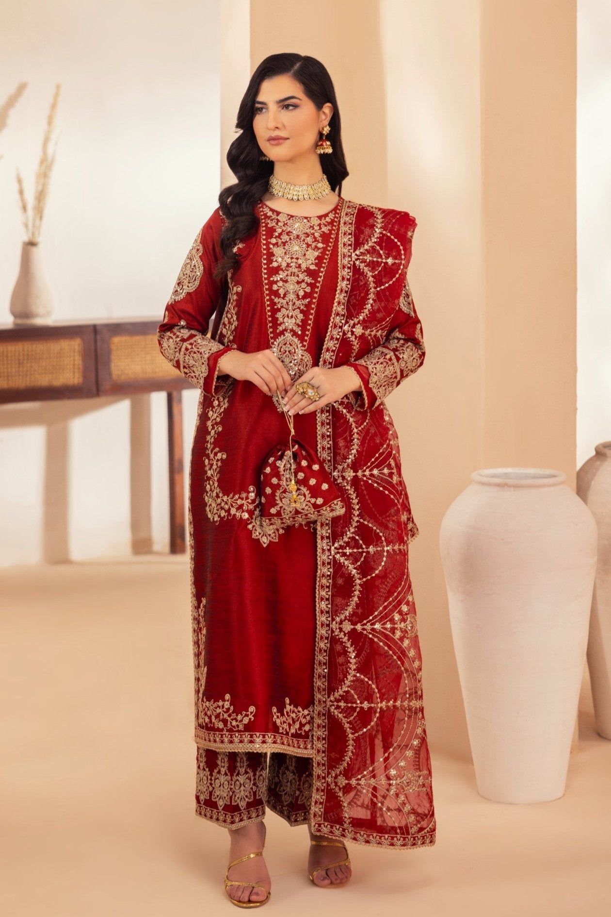 Deep Red Embroidered Raw Silk Salwar Kameez (3-Piece) - Image 2
