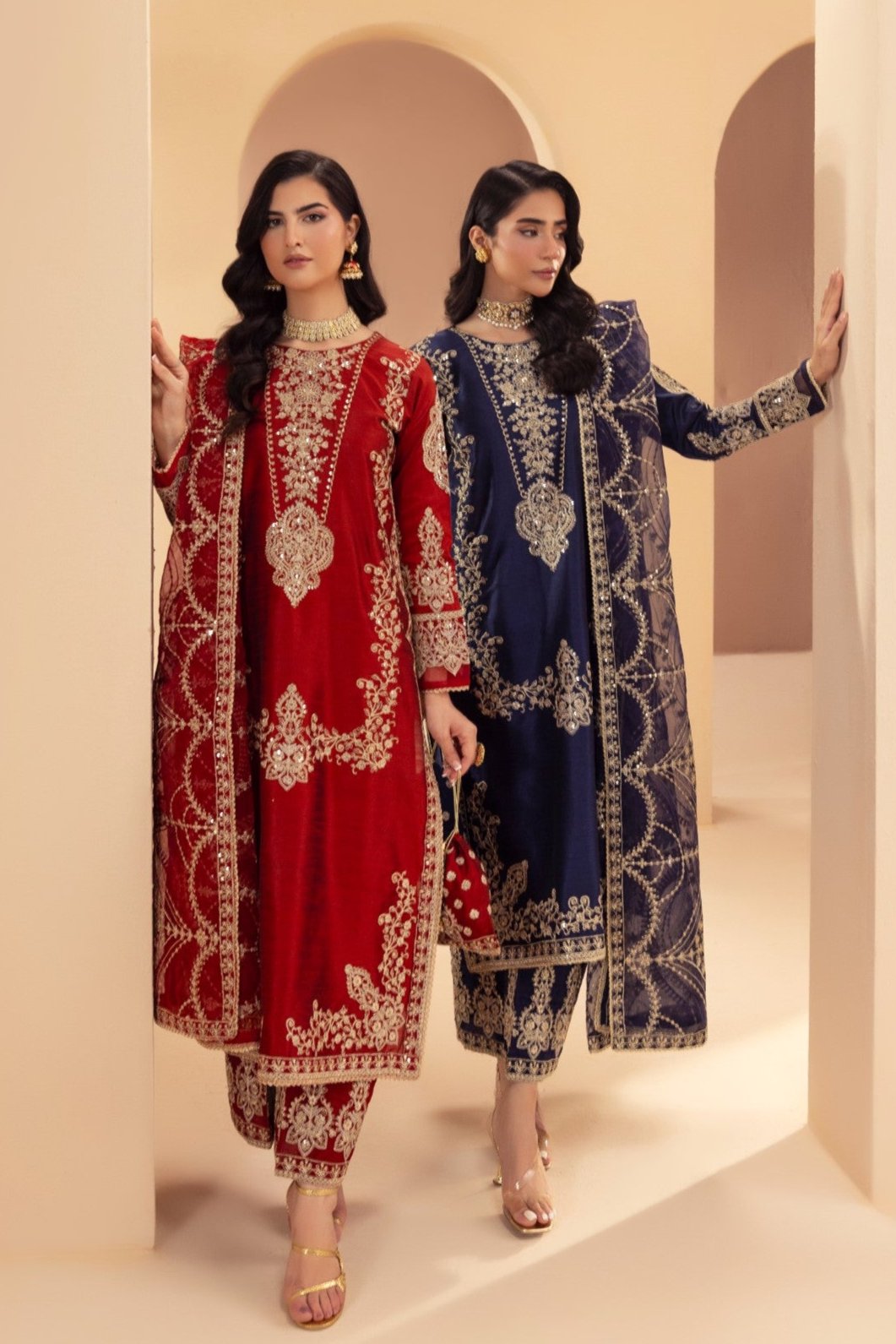 Deep Red Embroidered Raw Silk Salwar Kameez (3-Piece) - Image 3