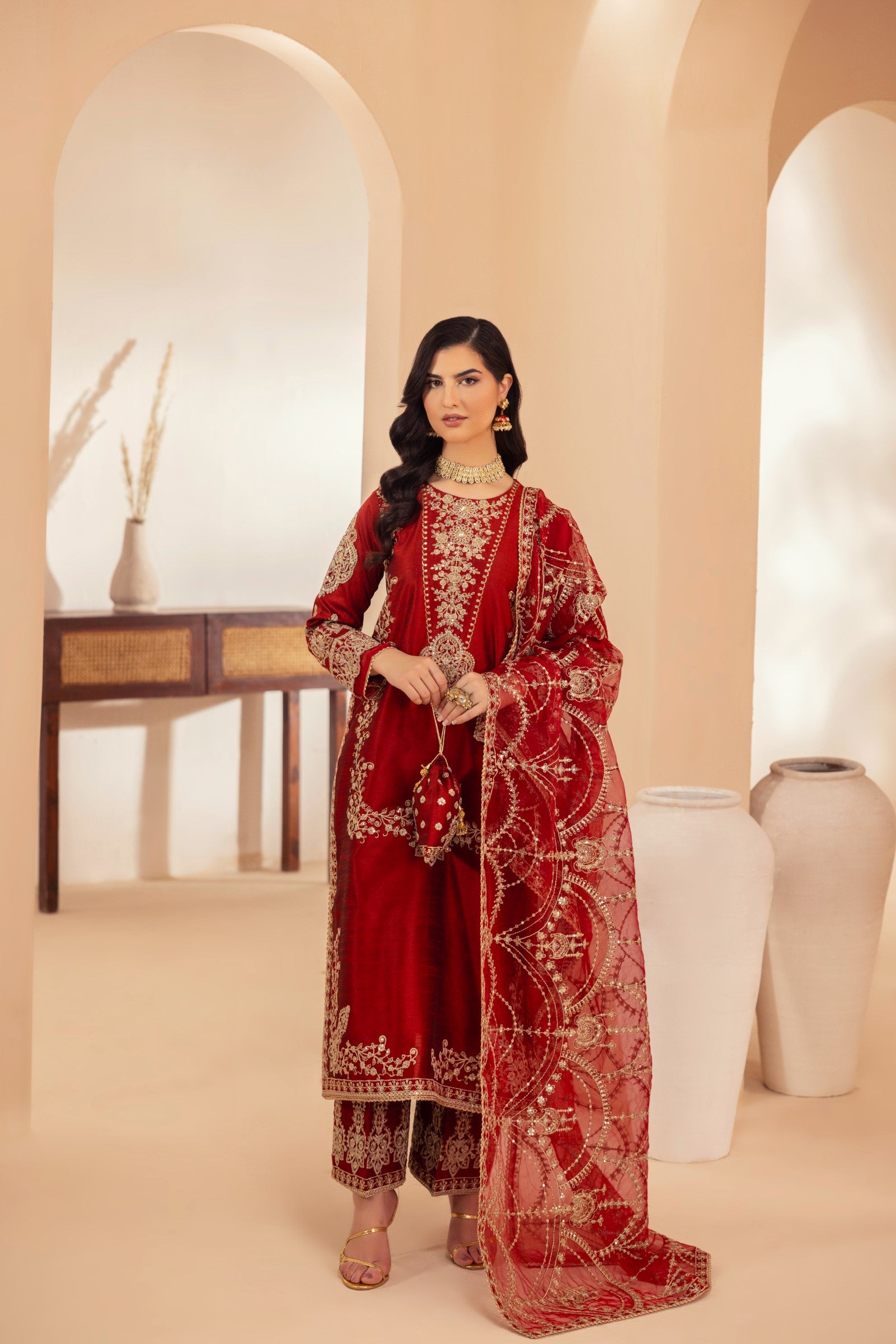 Deep Red Embroidered Raw Silk Salwar Kameez (3-Piece) - Image 4
