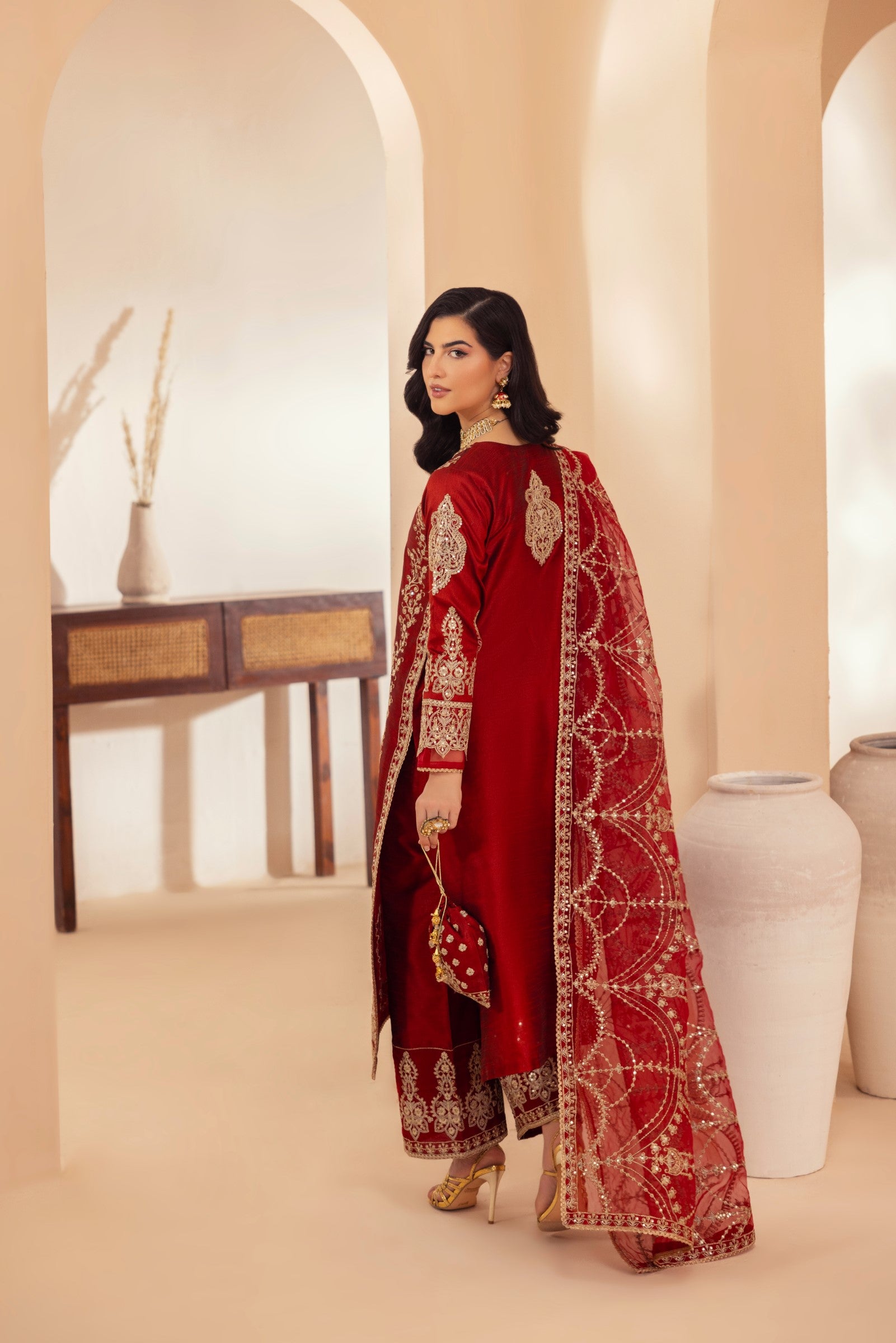 Deep Red Embroidered Raw Silk Salwar Kameez (3-Piece) - Image 5