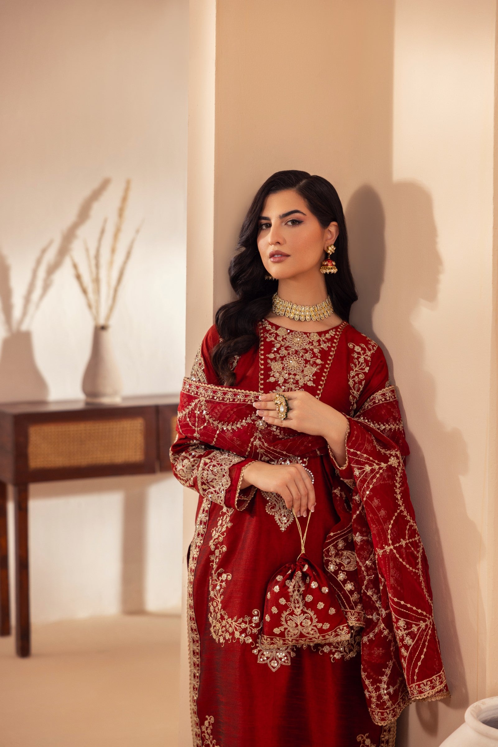 Deep Red Embroidered Raw Silk Salwar Kameez (3-Piece) - Image 6