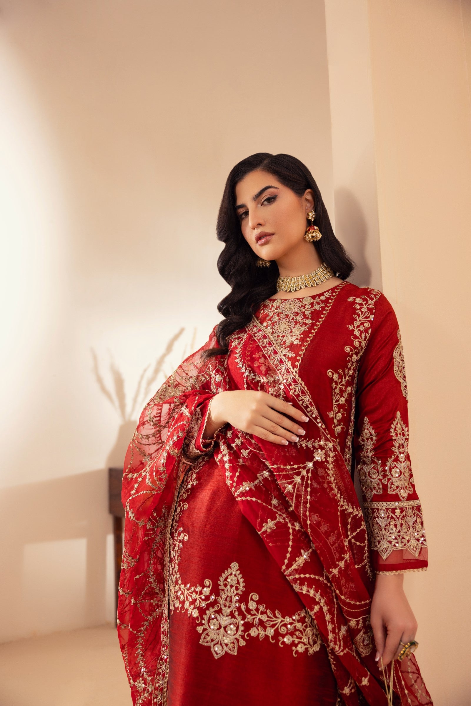 Deep Red Embroidered Raw Silk Salwar Kameez (3-Piece) - Image 7