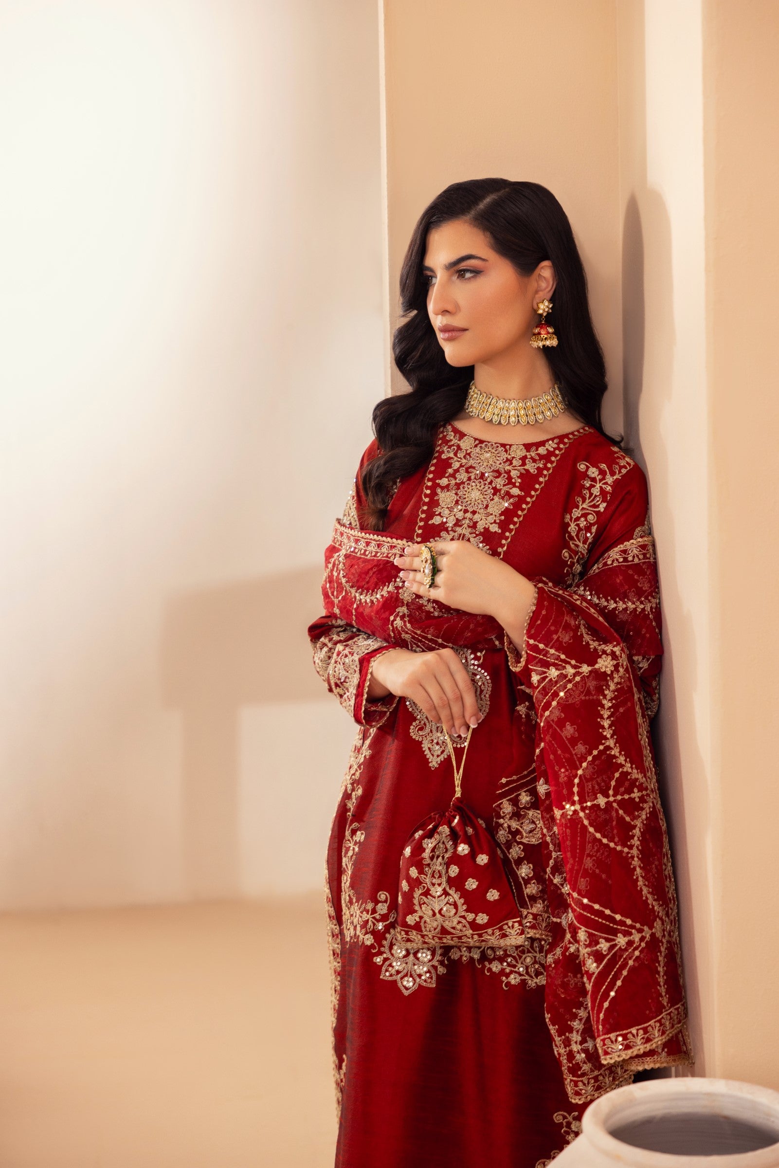 Deep Red Embroidered Raw Silk Salwar Kameez (3-Piece) - Image 8
