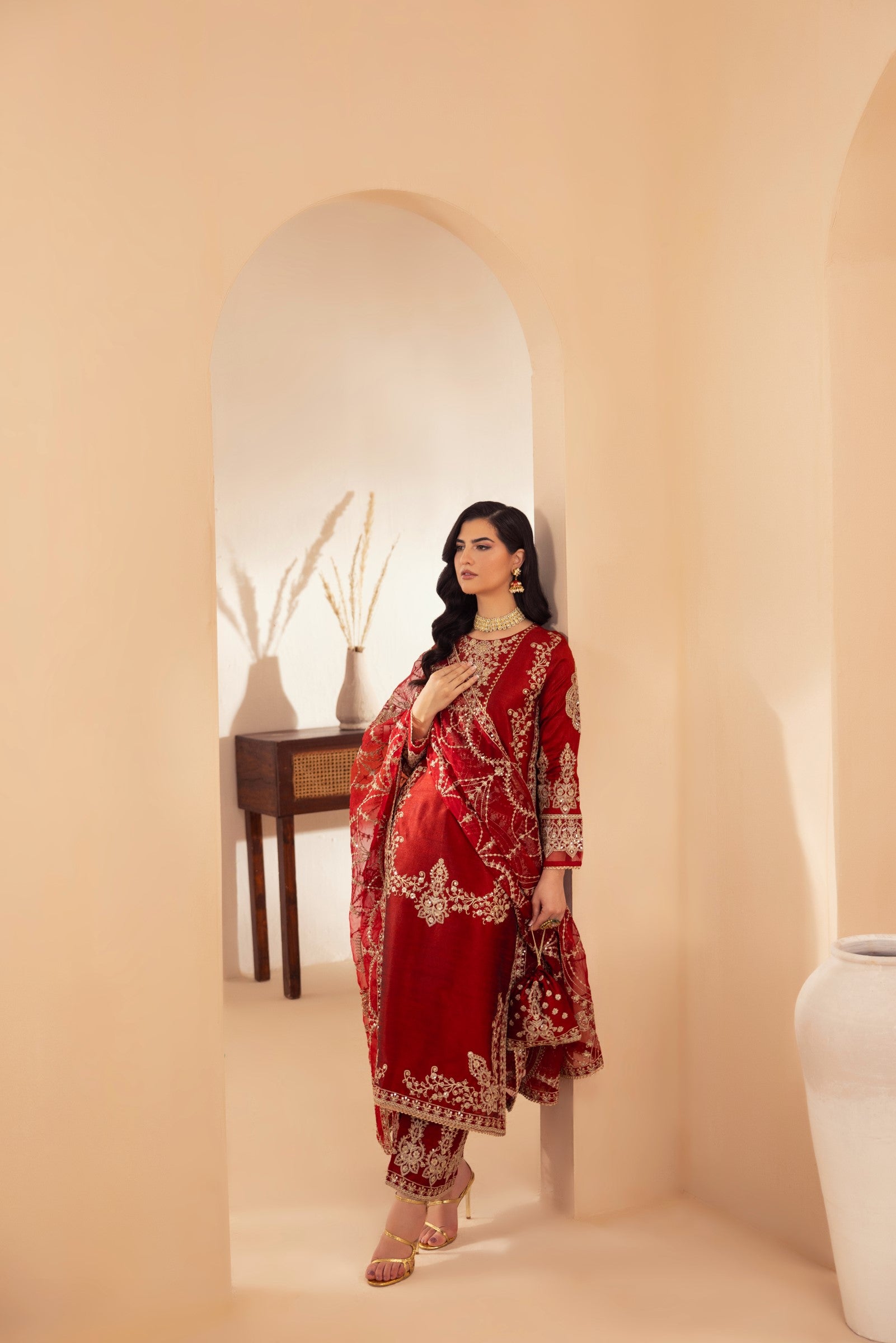 Deep Red Embroidered Raw Silk Salwar Kameez (3-Piece) - Image 9