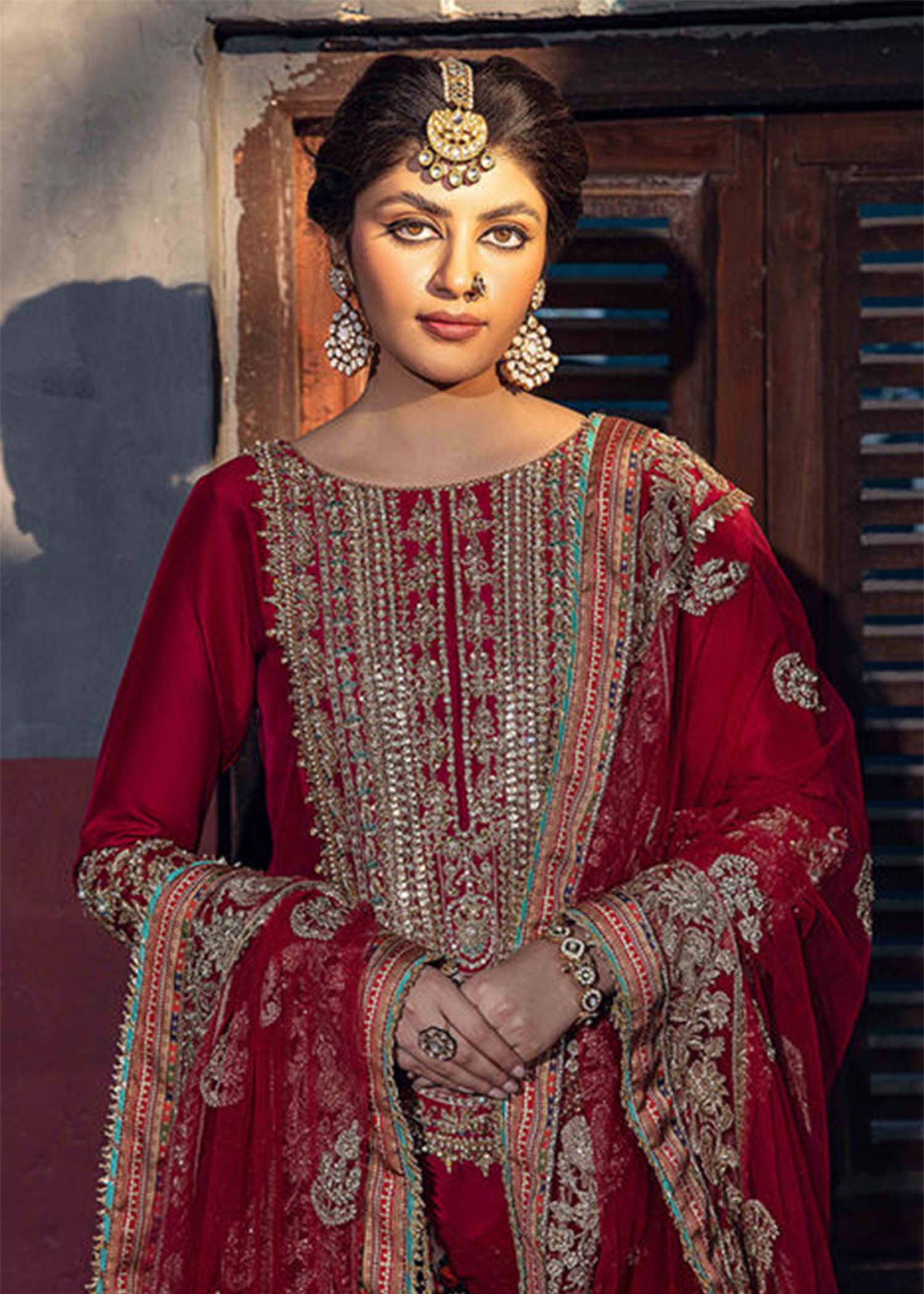 Pakistani Red Embroidered Raw Silk Salwar Kameez (3-Piece) - Image 2